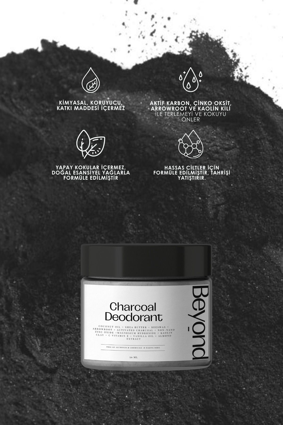 Charcoal Deodorant - %100 Doğal, Terlemeyi & Kokuyu Önleyen Krem Deodorant