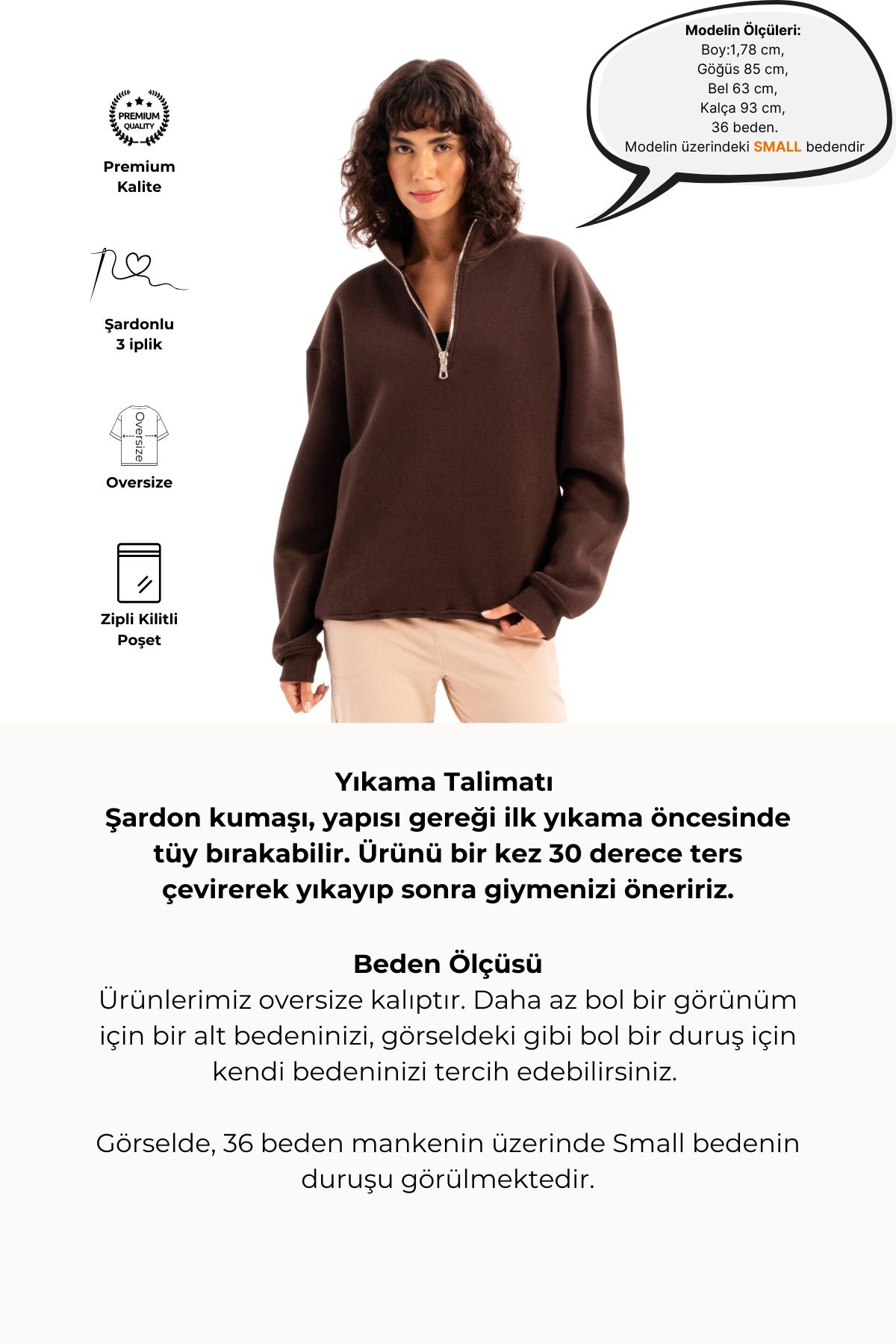 Oversize Fit Dik Yaka Yarı Fermuarlı Şardonlu Acı Kahve Kadın Sweatshirt - Cass