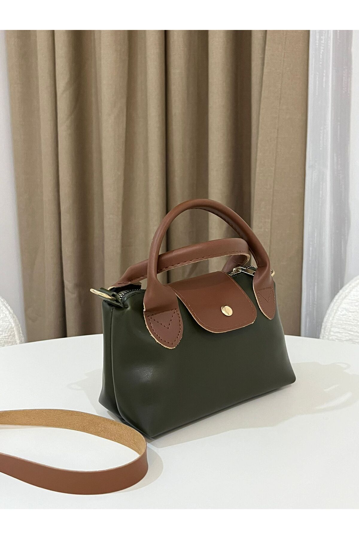 کیف زنانه سایز کوچک دست و شانه با دسته چرم مصنوعی KHAKI