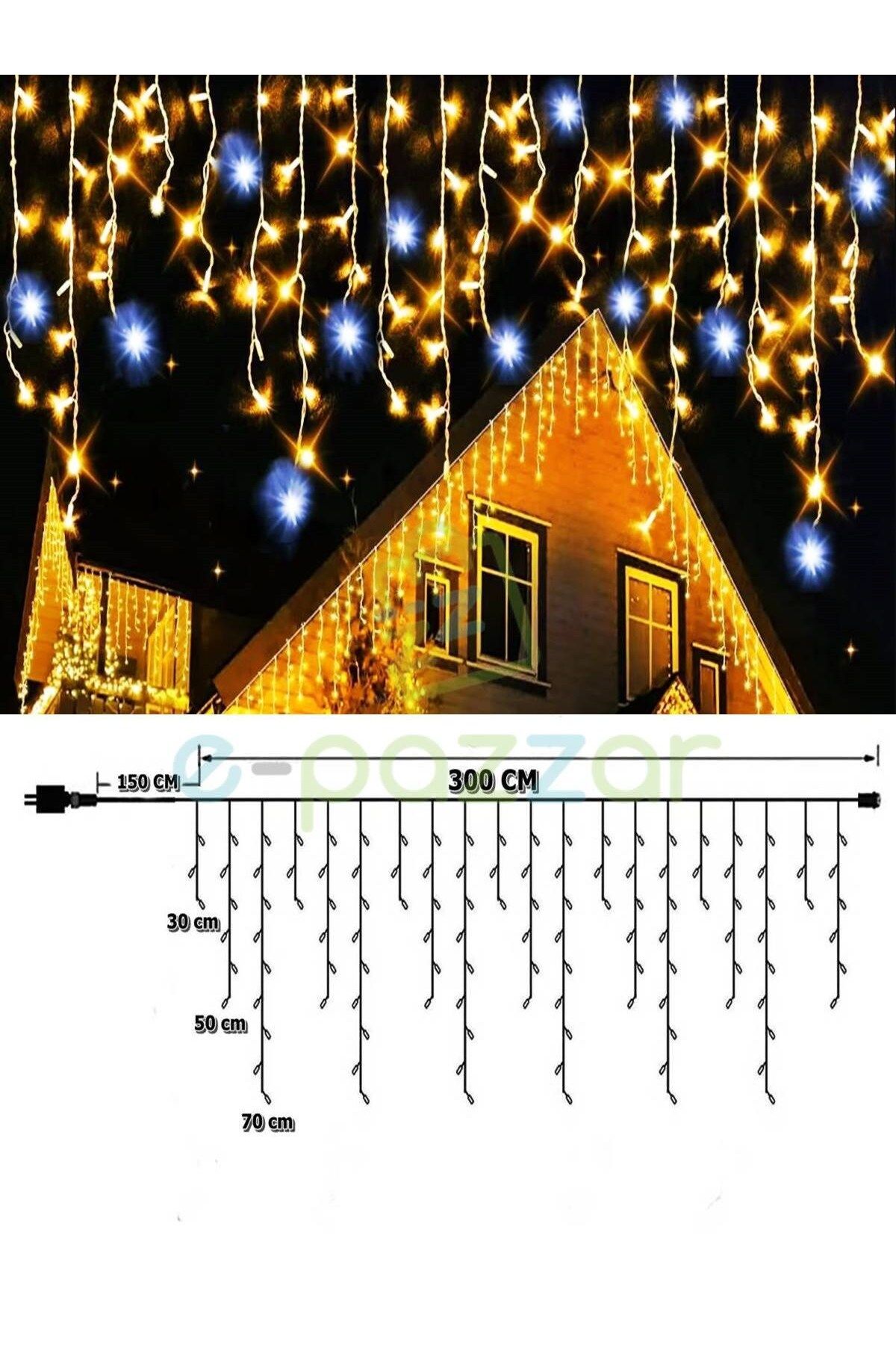 Ip65 3 Mt. 30/50/70 Cm Saçaklı Dış Mekan Beyaz Çakarlı Günışığı Perde Led Eklemeli 220v Fişli