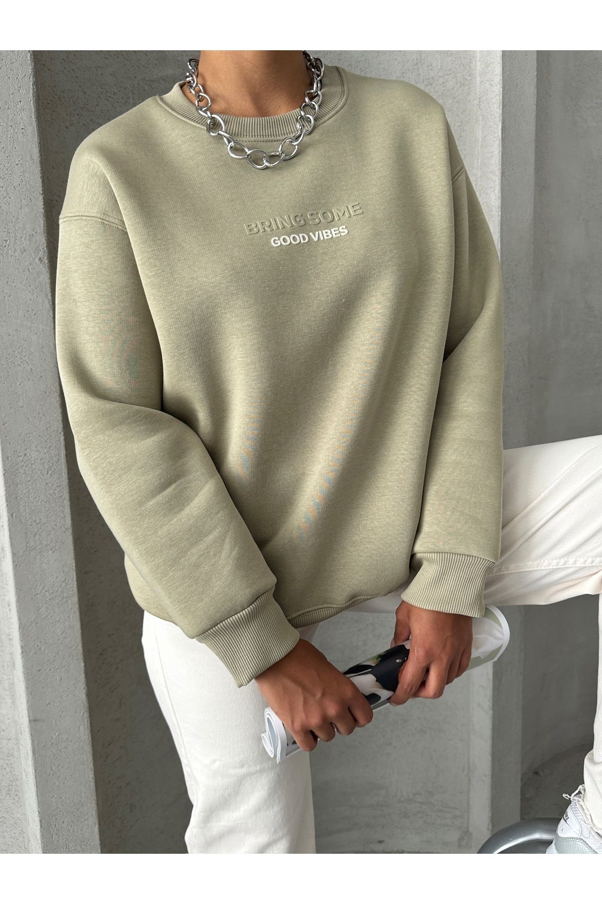 SWT-14265 Haki Bring Some Kabartma Yazı Baskılı Üç İplik Şardonlu Sweatshirt