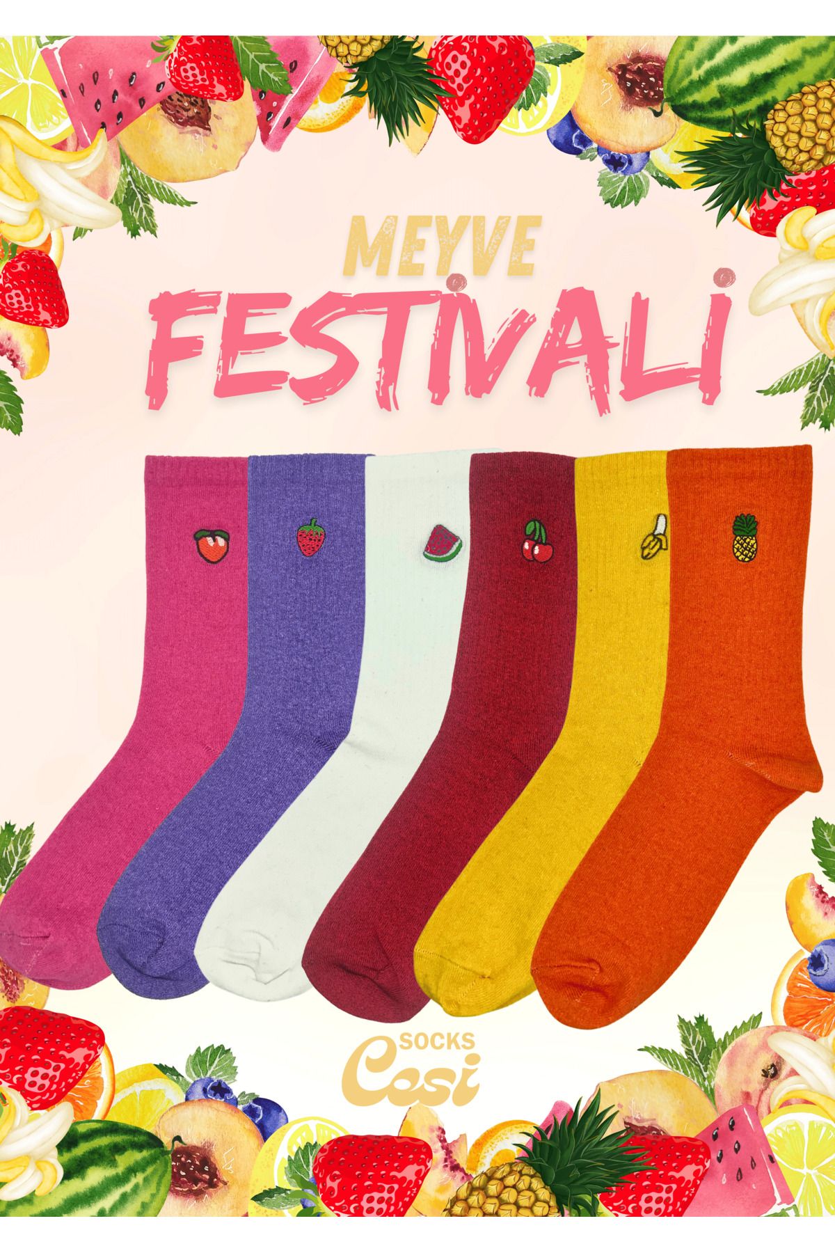 Cesi Socks 6'lı MeyveliRenkli Nakışlı Çorapla...