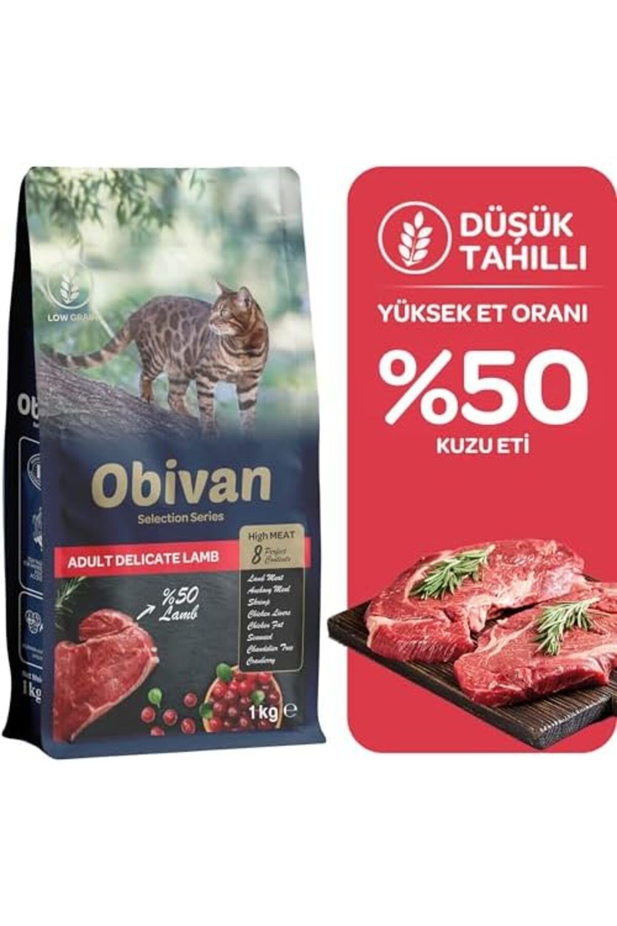 Obivan Selection Delicate Düşük Tahıllı Kuzu Etli Yetişkin Kedi Maması 1 Kg x 3 Adet