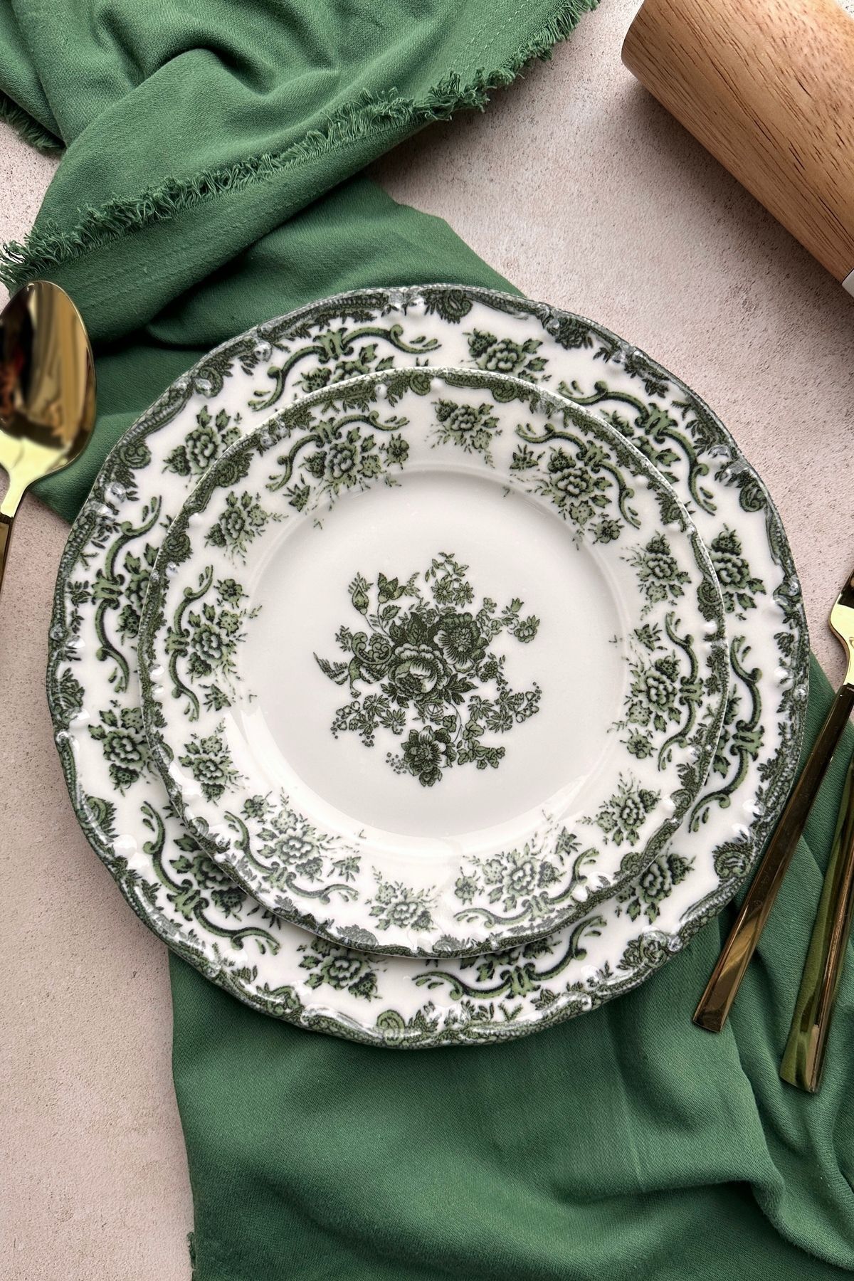 Antique Green 6 kişilik 25 cm Özel Tasarım Premium Porselen Servis Tabağı Takımı