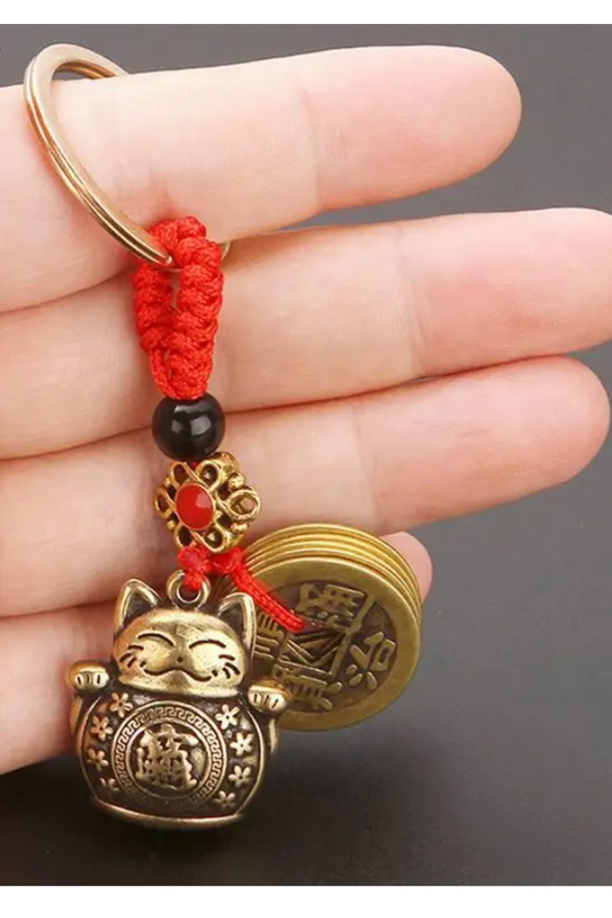 5'lü Feng Shui Bereket ve Şans Kedisi Anahtarlığı (Maneki Neko Figürlü Anahtarlık) (5 Adet)