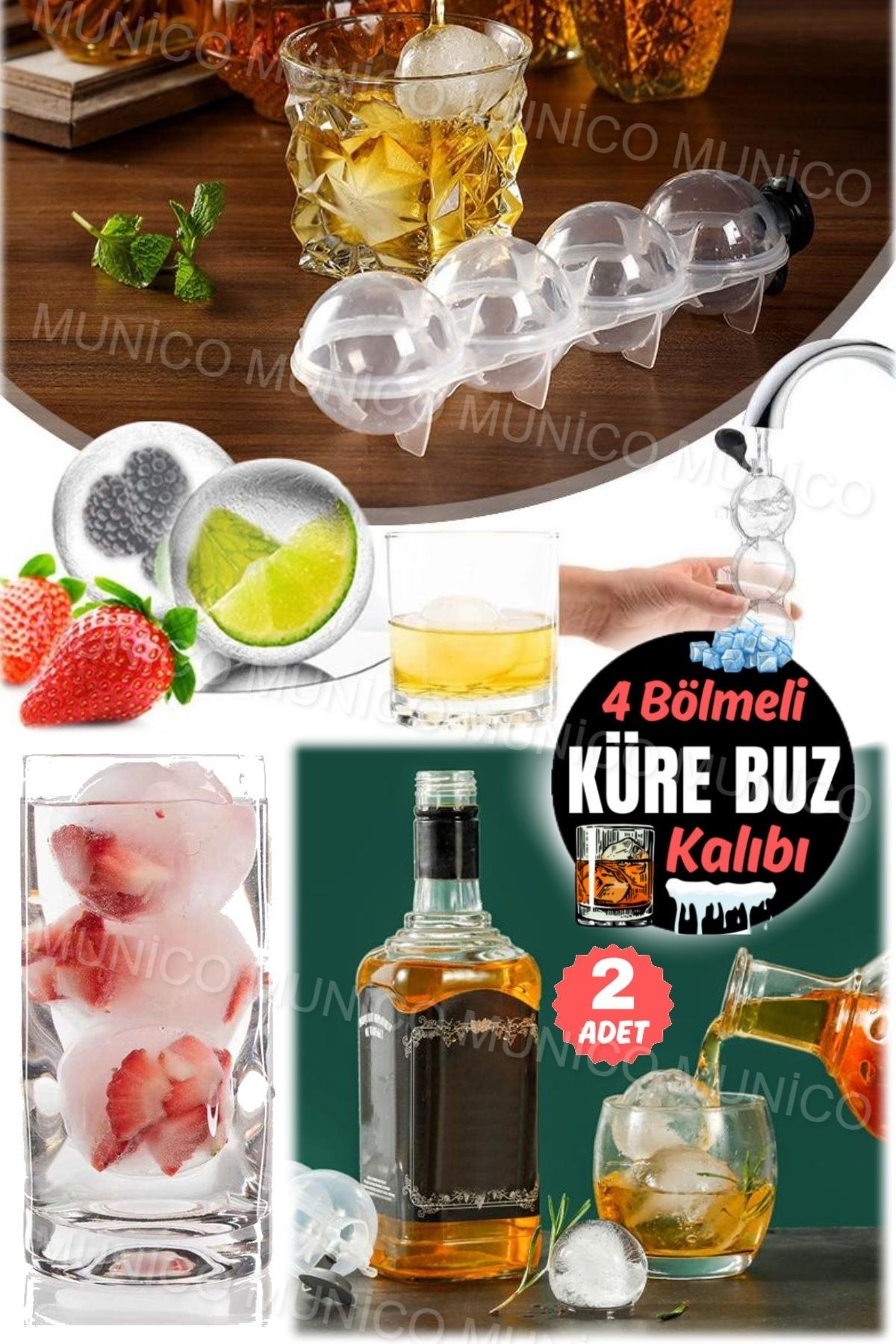 2 Adet Viski Büyük Boy Top 4'lü Küre Buz Topu Kalıbı Yuvarlak İçecek Buz Dondurucu Buz Kabı Küre