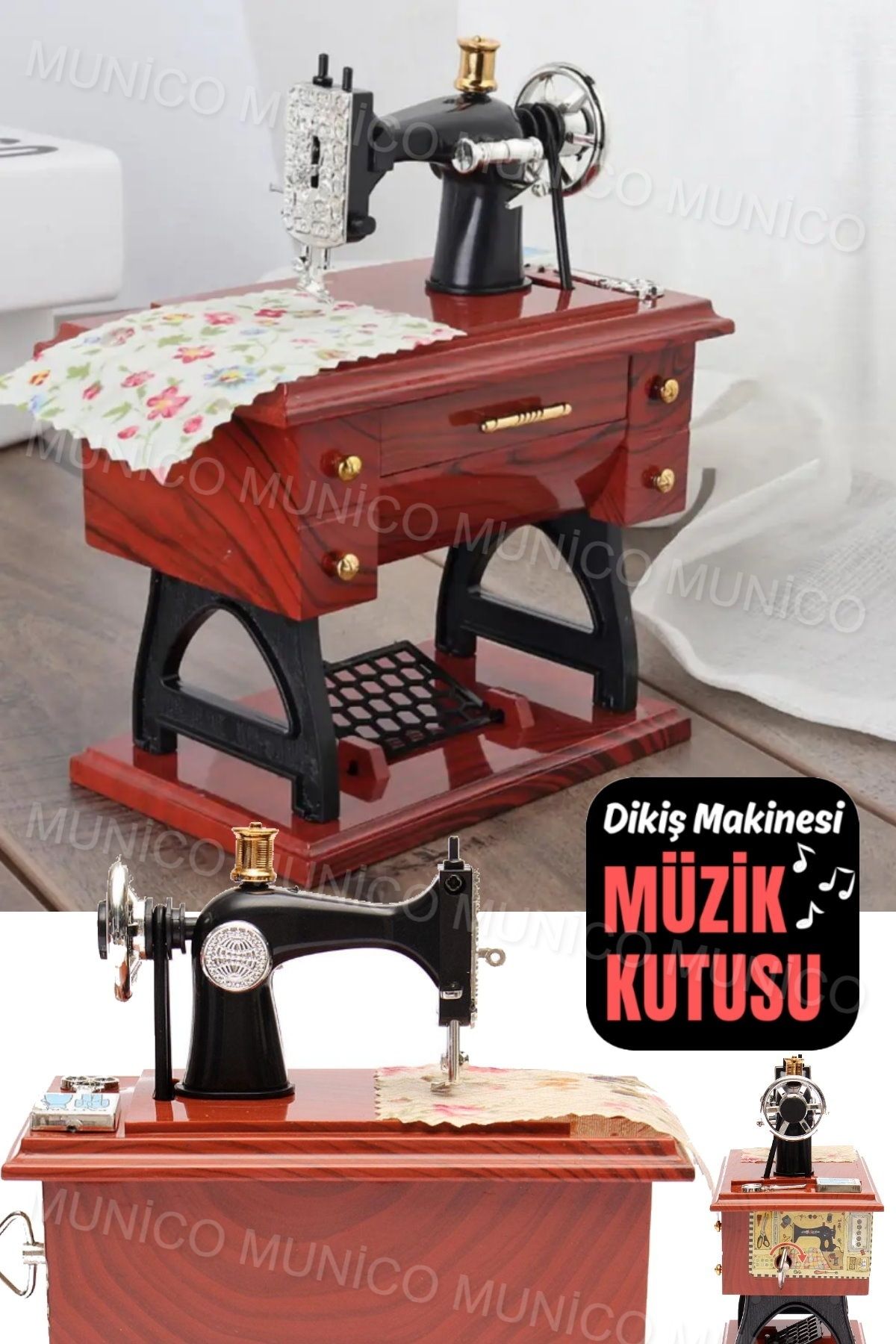 Dikiş Makinesi Görünümlü Kaliteli Rahat Uyku Stres Azaltıcı Ahşap Vintage Daktilo Tarzı Mekanik