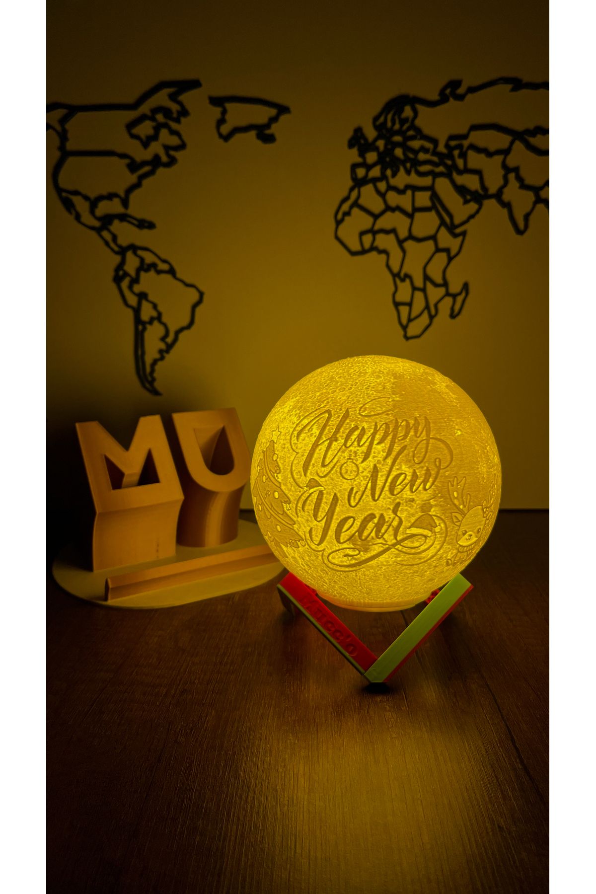 Yılbaşı Yeni Yıl Hediyesi Happy New Year Dekoratif Ay Gece Lambası Moon Lamp Pilli(13cm)