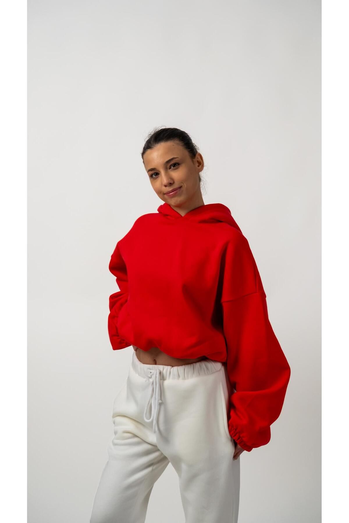 3 Iplik Içi Polarlı Yumuşacık Oversize Kadın Mercan Crop Sweatshirt