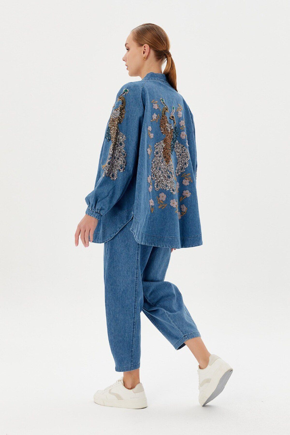 Nakışlı denim kimono ceket