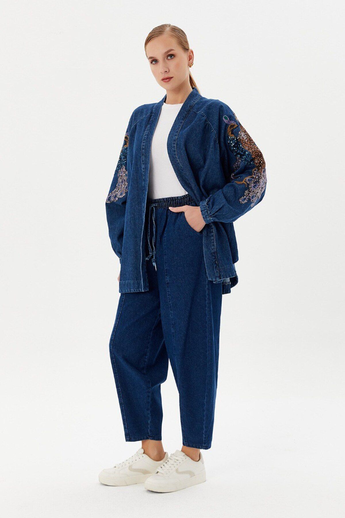 Koyu mavi denim kimono ceket