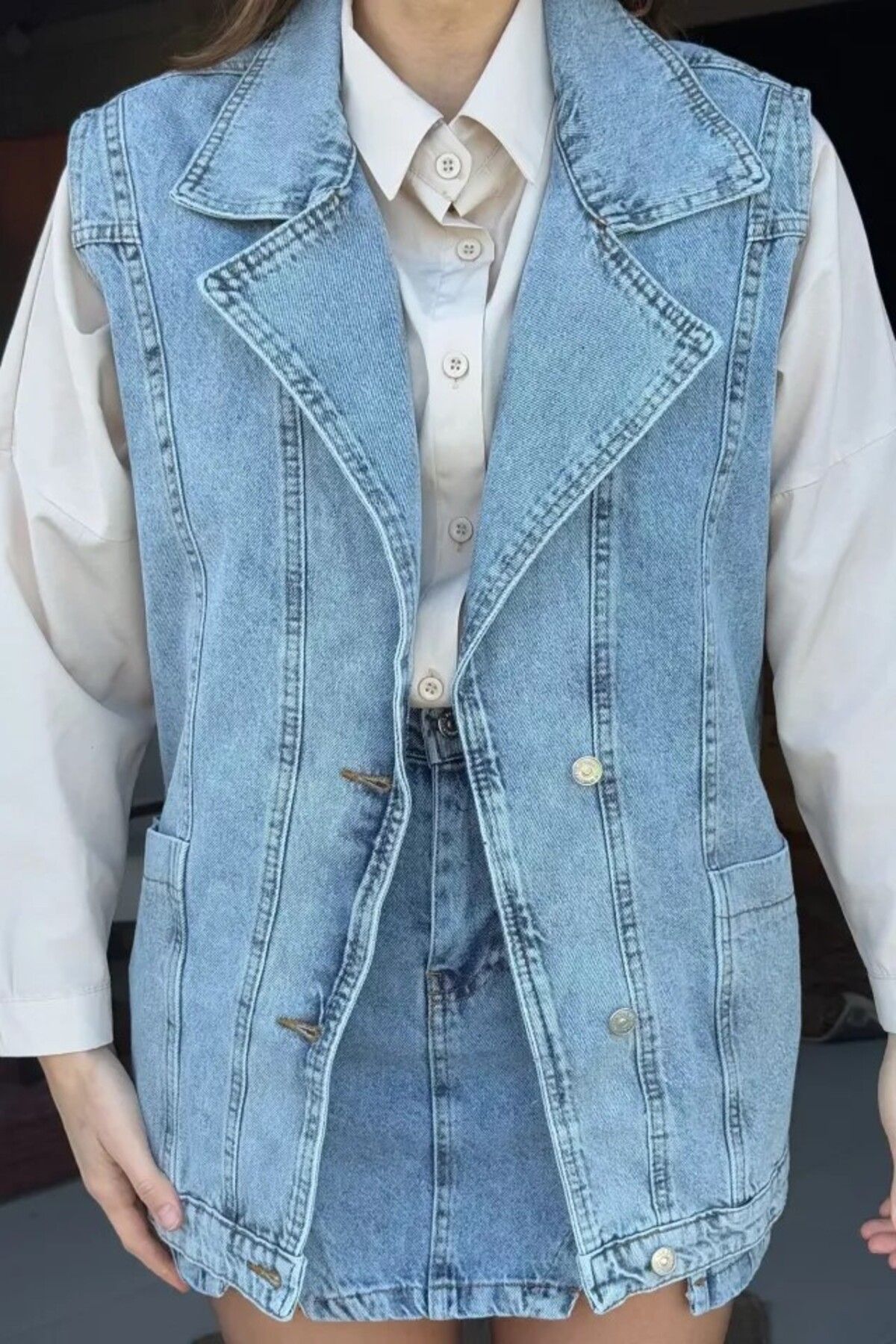 Kadın Oversize Cep Detaylı Denim Mavi Yelek