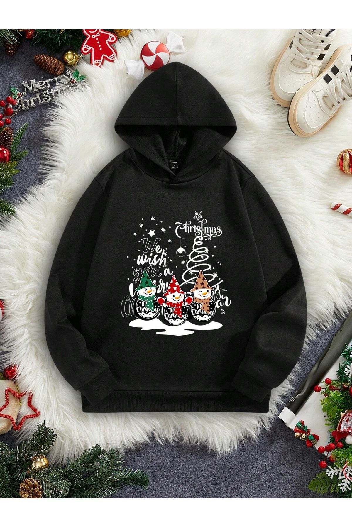 Merry Christmas Çift Kombin Kardan Ardamlar Basklı Bisikletyaka Sweatshirt