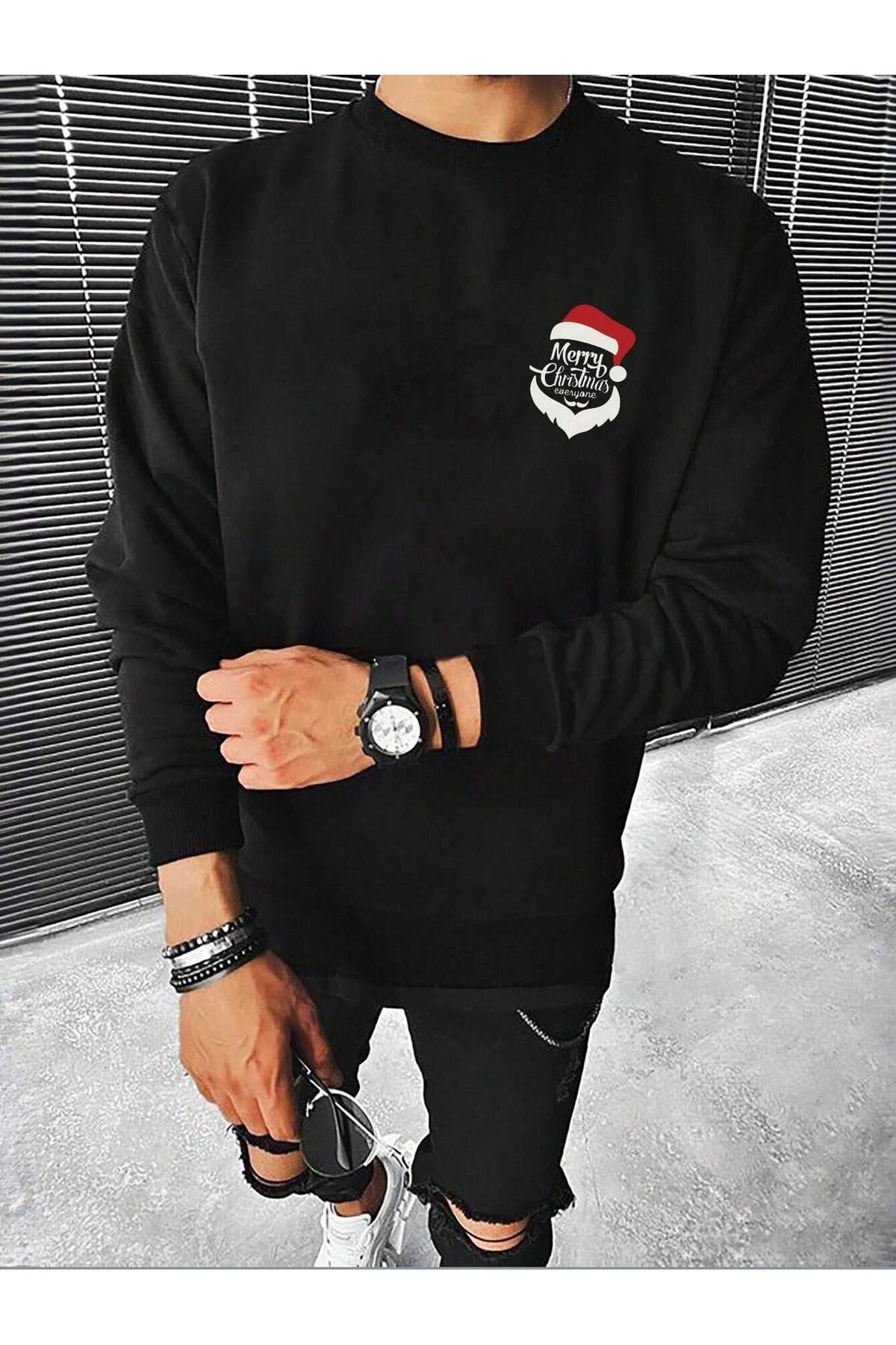 Yılbaşı Konseptli Siyah Bisikletyaka Sweatshirt