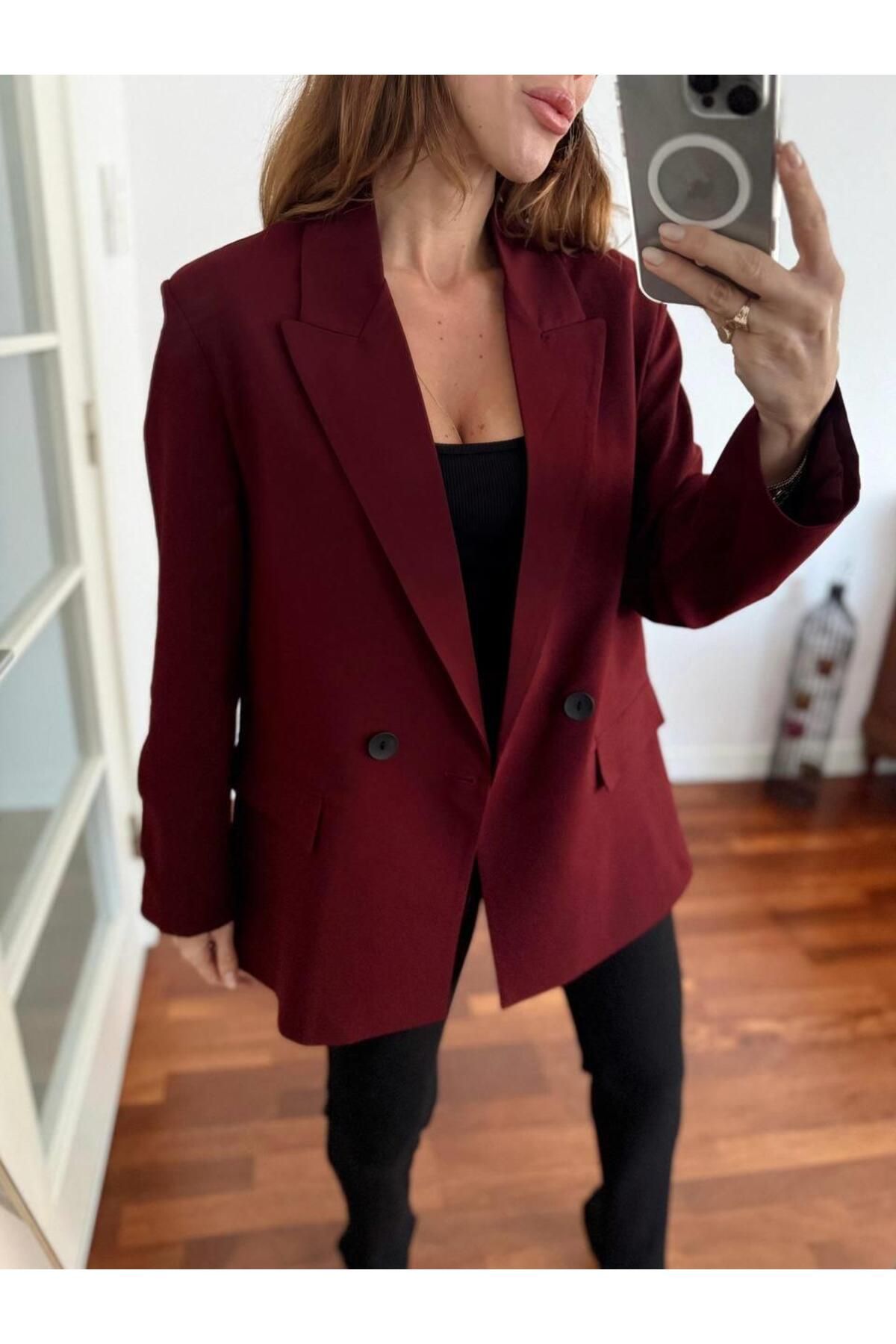 Kadın Double Kumaş Astarlı Koyu Bordo Blazer Ceket