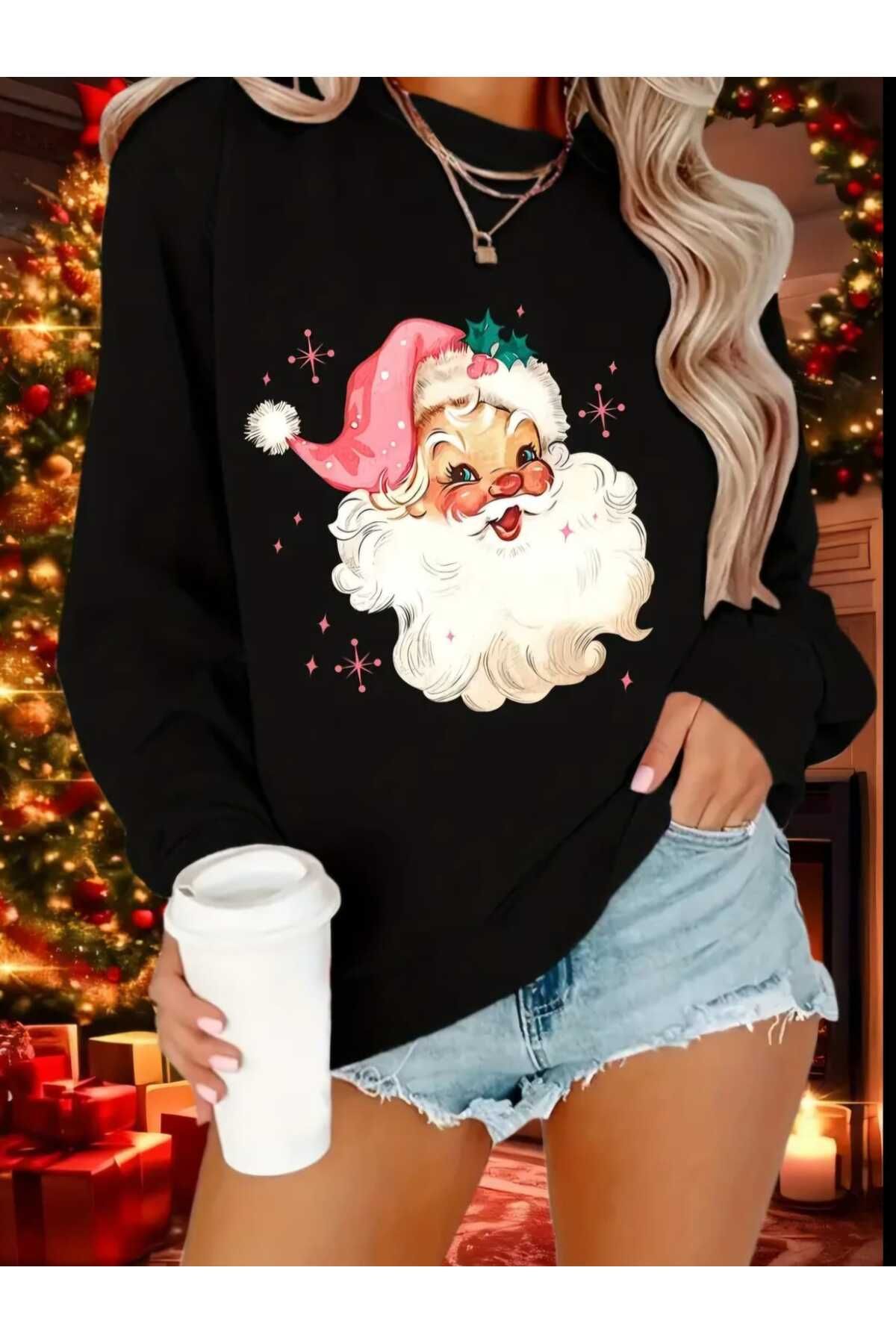 Christmas Yeni Yıl Yılbaşı Konsept Resimli Baskılı Bisiklet Yaka Oversize Sweatshirt Kadın