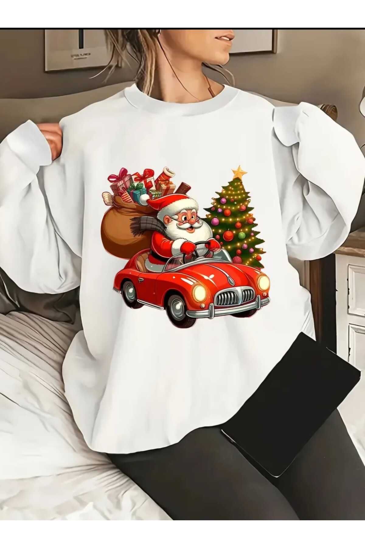 Christmas Yeni Yıl Yılbaşı Konsept Resimli Baskılı Bisiklet Yaka Oversize Sweatshirt Kadın