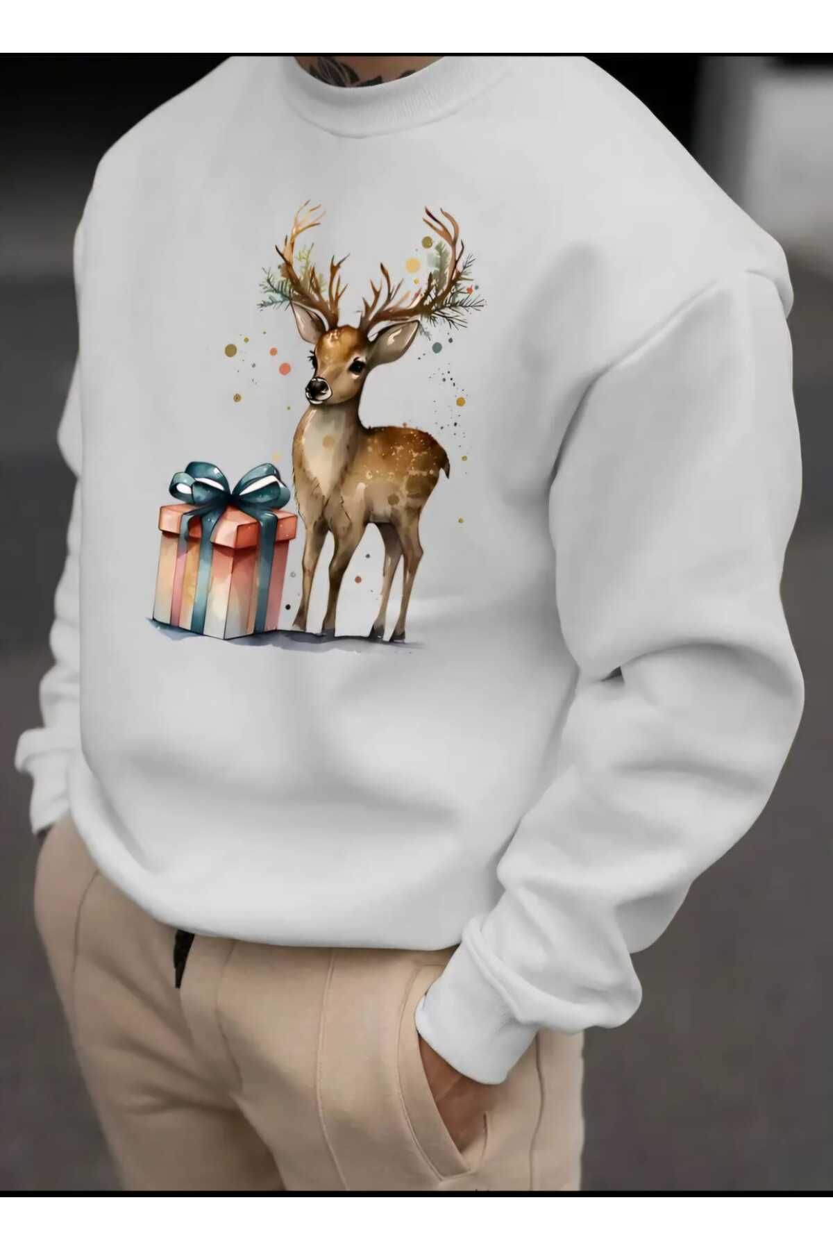 Christmas Yeni Yıl Yılbaşı Konsept Resimli Baskılı Bisiklet Yaka Oversize Sweatshirt Kadın