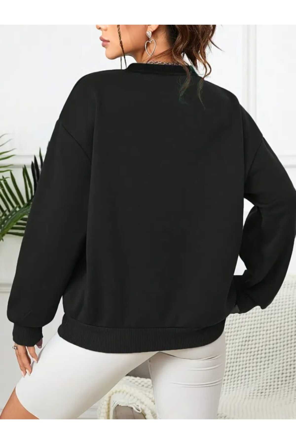 Yeni Yıl Yılbaşı Konsept Resimli Baskılı Bisiklet Yaka Oversize Sweatshirt Kadın