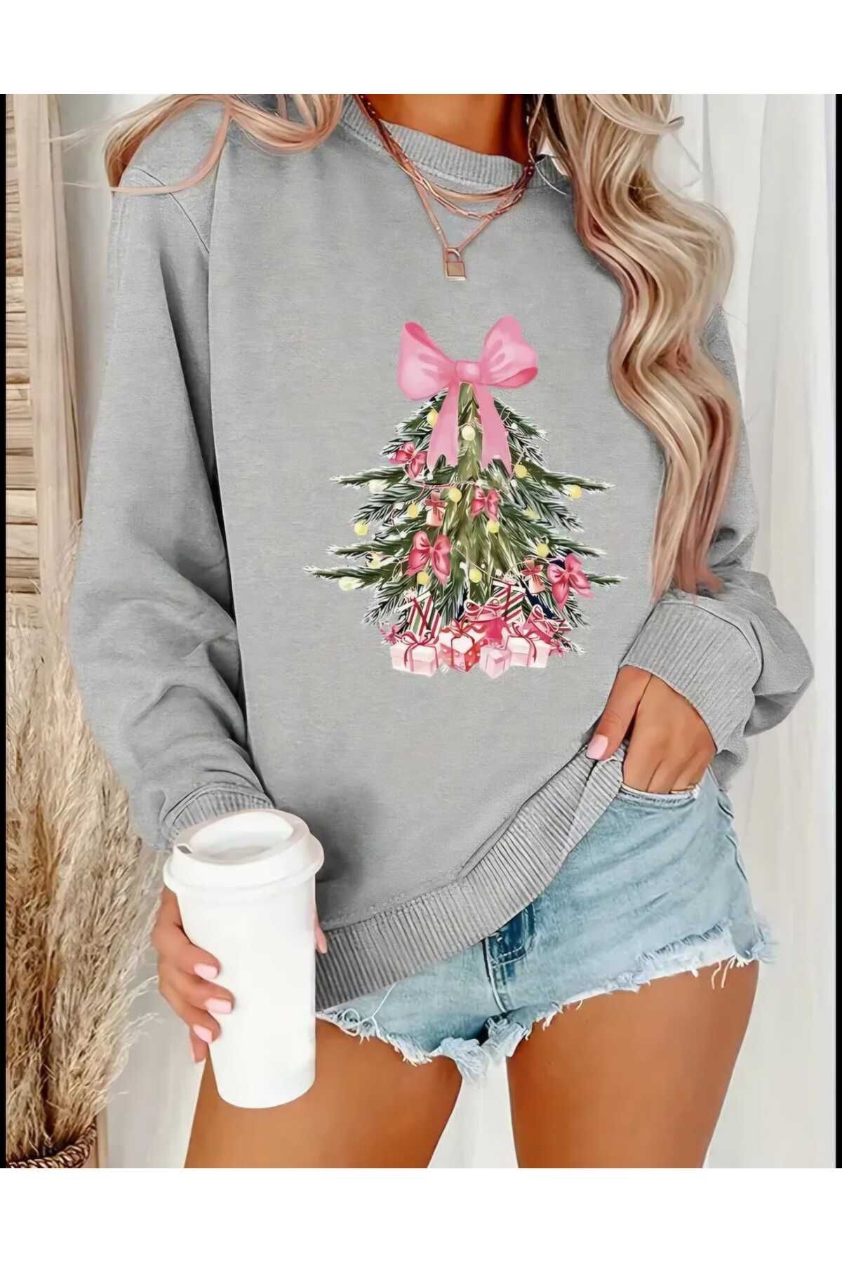 Christmas Yeni Yıl Yılbaşı Konsept Resimli Baskılı Bisiklet Yaka Oversize Sweatshirt Kadın