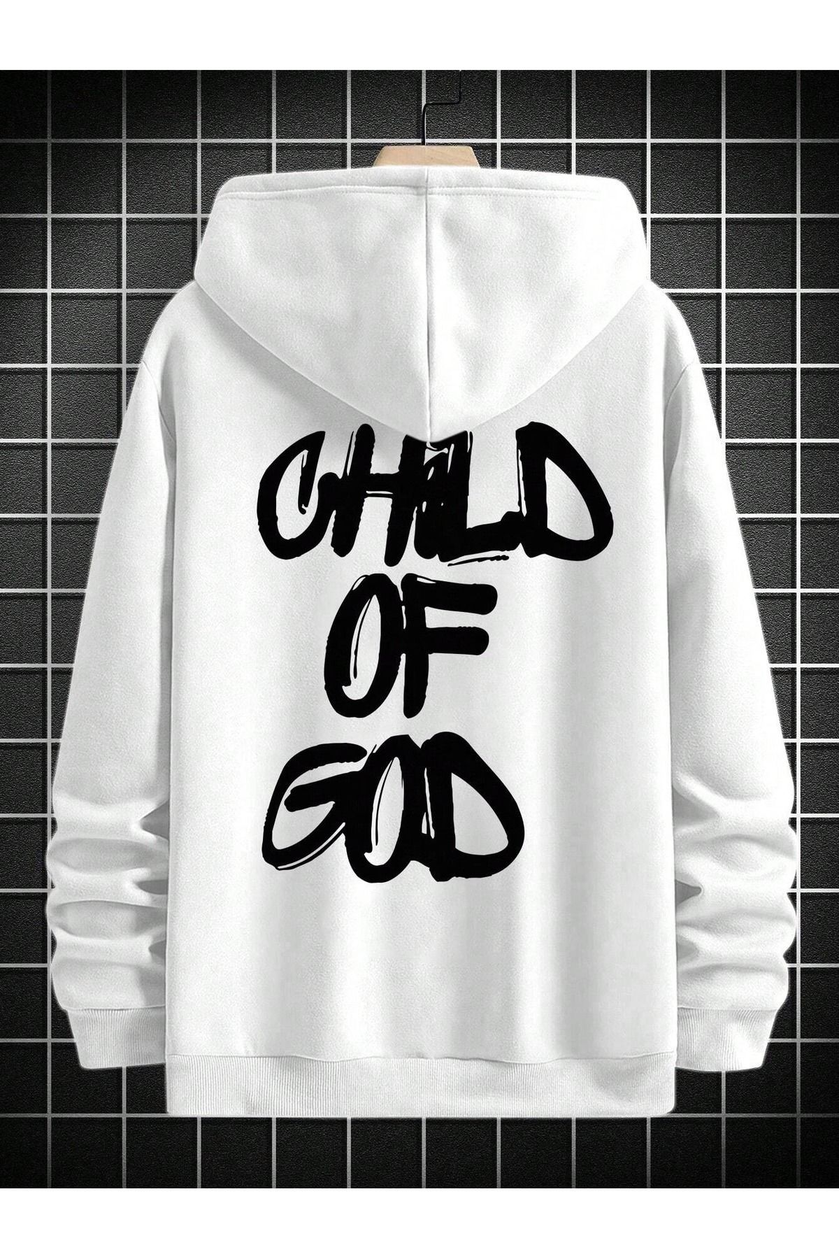 Erkek Beyaz Child Of God Baskılı Oversize 3 İplik Hoodie Sweatshirt