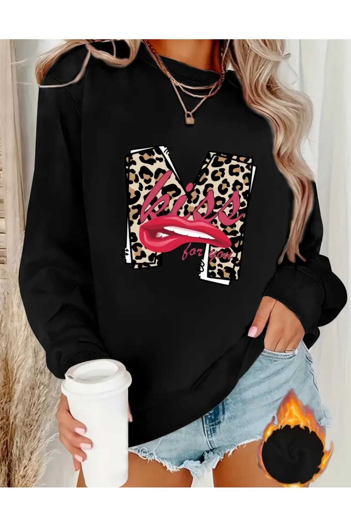 Leopar Desenli Baskılı Bisiklet Yaka Oversize Sweatshirt Kadın