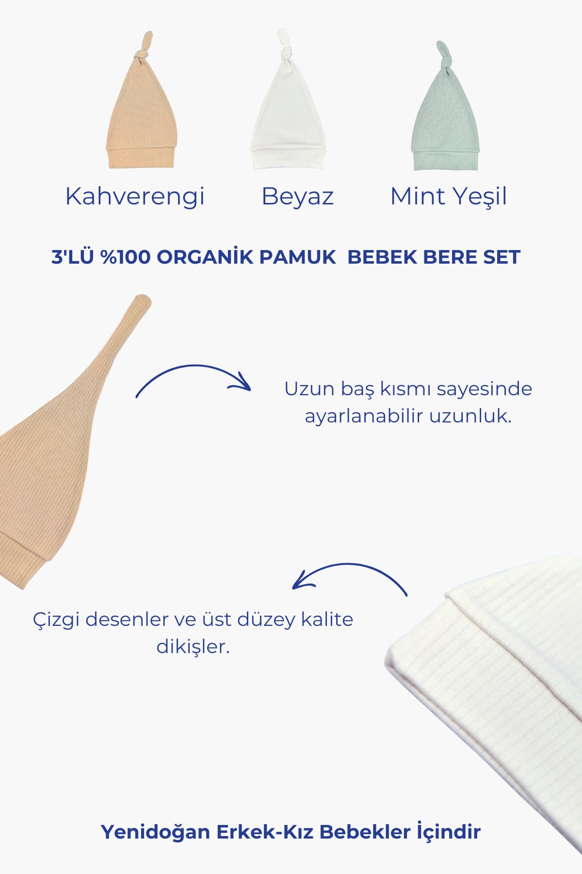 Bebek Bere 3'lü Set, Yenidoğan 3'lü Bere Set, %100 Organik Pamuk Bere