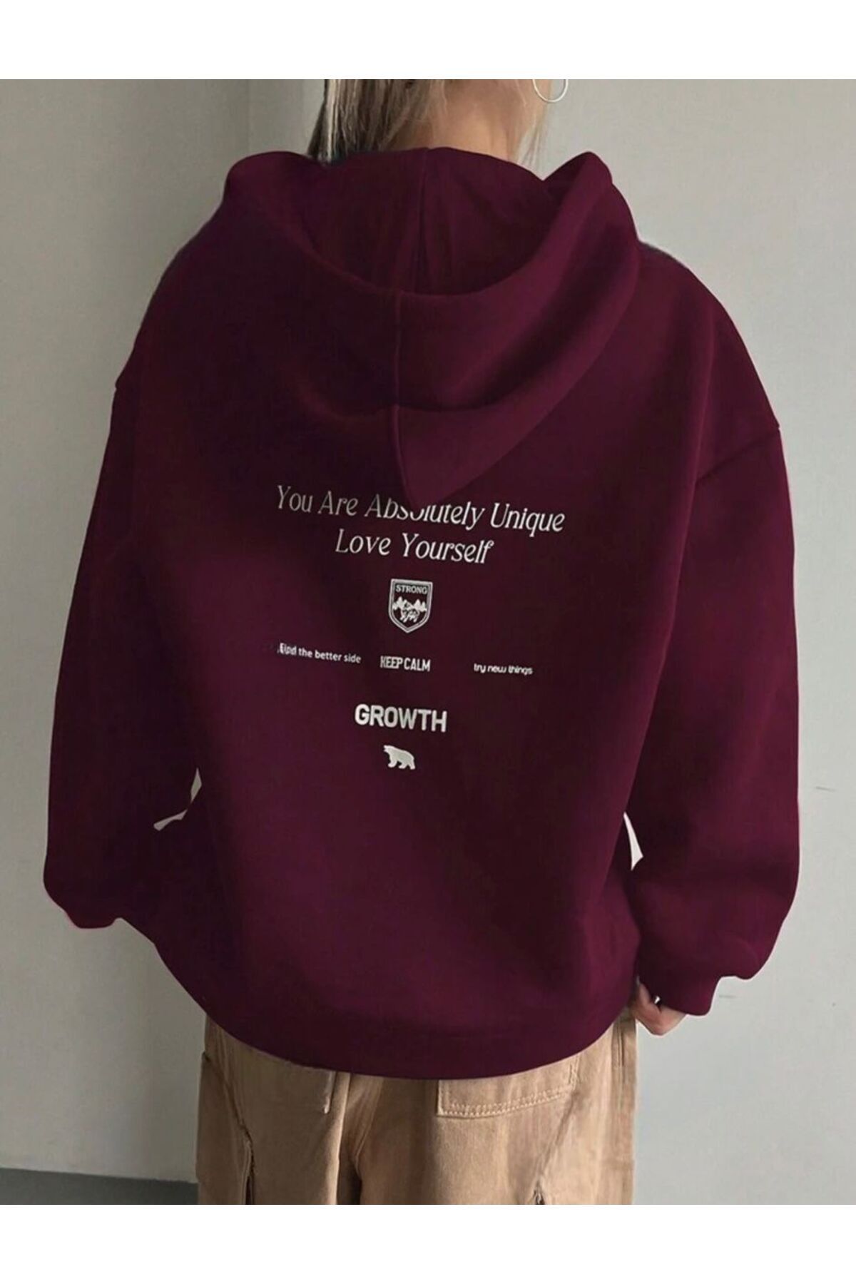 your self sırt Baskılı bordo Kapşonlu Sweatshirt