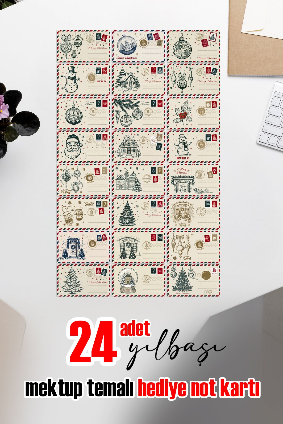 Yılbaşı Noel Hediye kartları mektup temalı 24 adet set Christmas Gift Tags