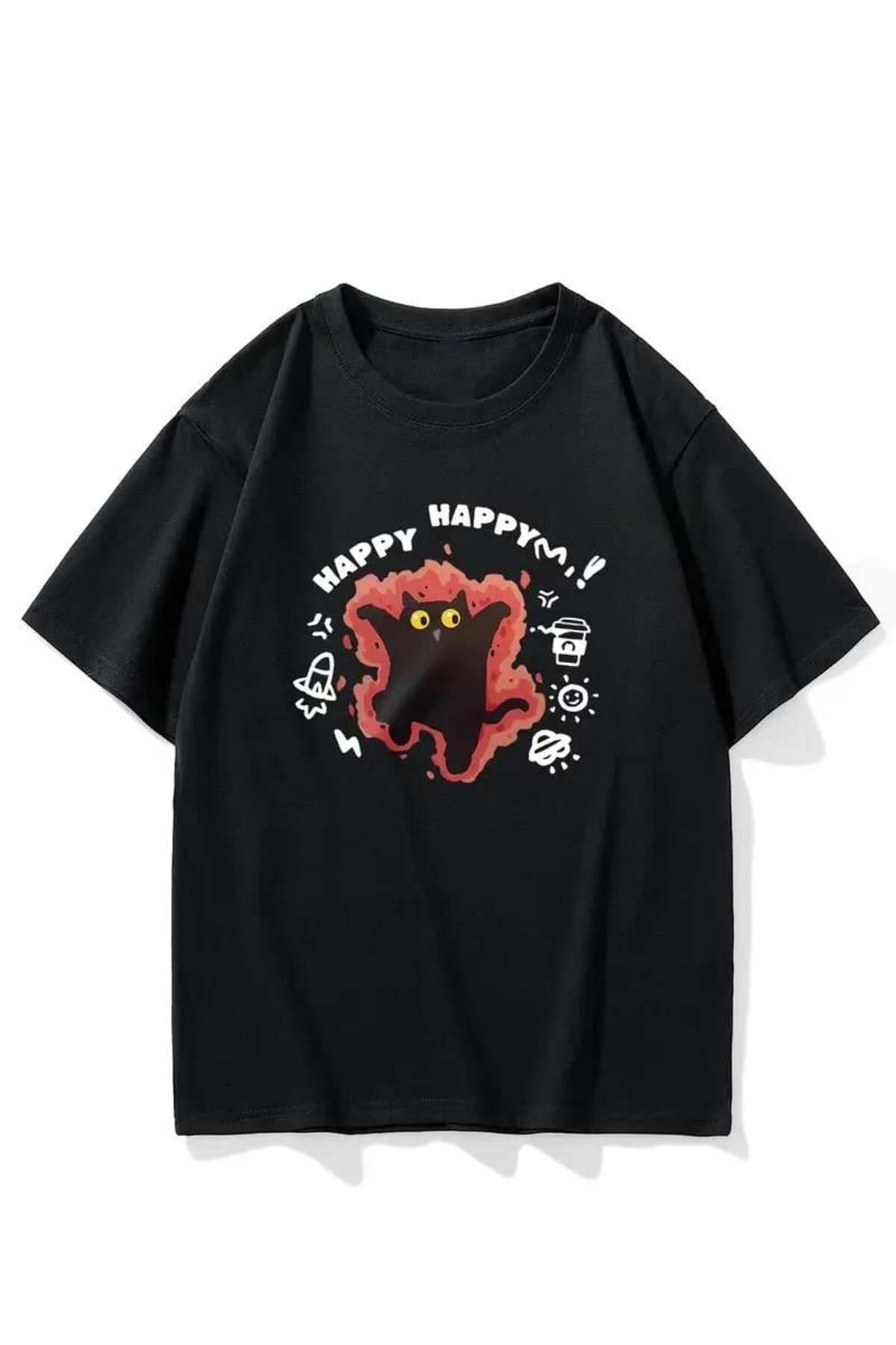 Touz Moda Happy Cat BaskılıSiyah T-shirt