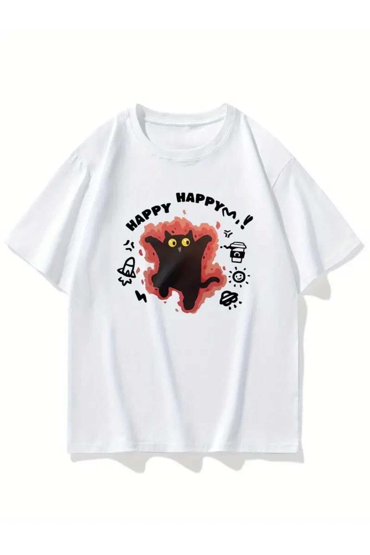 Touz Moda Happy Cat BaskılıBeyaz T-shirt