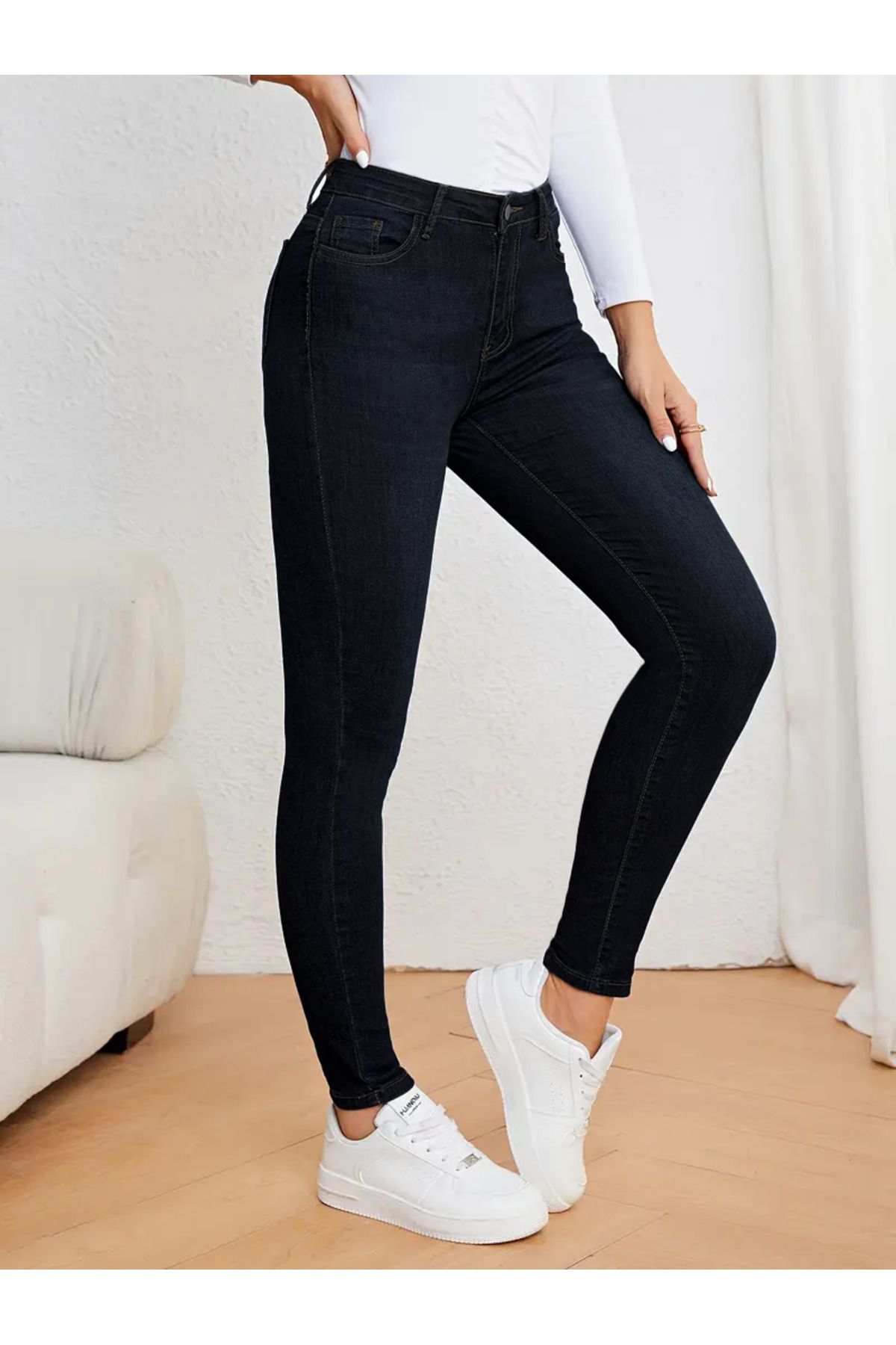 Kadın Yüksek Bel Dar Paça Süper Skinny Fit Esnek Bilek Boy Denim Jean Kot Pantolon C596