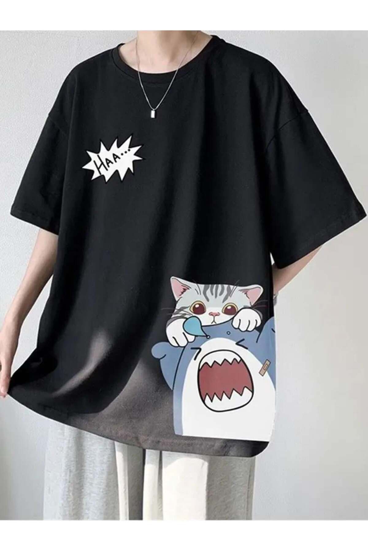 Touz Moda Shark & Cat SiyahUnisex T-shirt