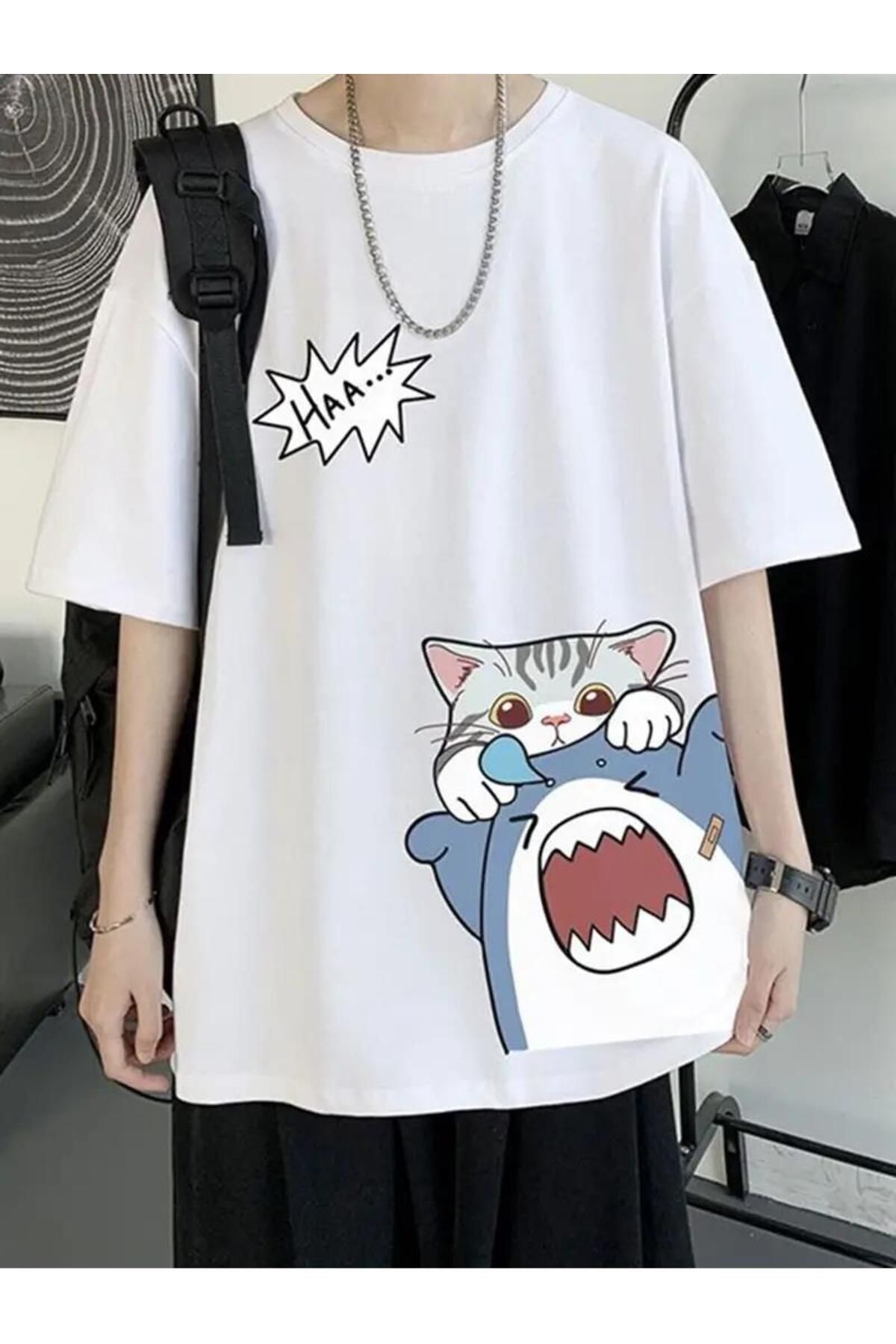 Touz Moda Shark & Cat BeyazUnisex T-shirt