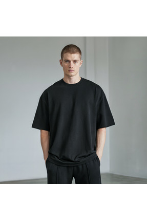 Siyah Bisiklet Yaka Oversize Kısa Kollu Penye Basic Unisex Tshirt Image 0