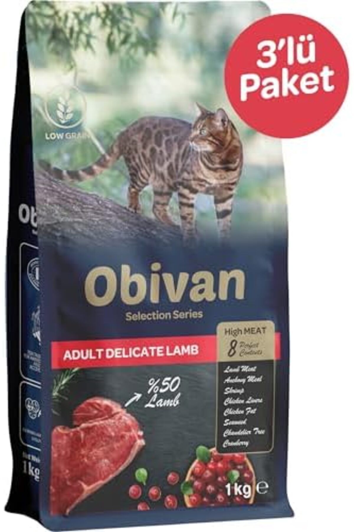 Obivan Selection Delicate Düşük Tahıllı Kuzu Etli Yetişkin Kedi Maması 1 Kg x 3 Adet