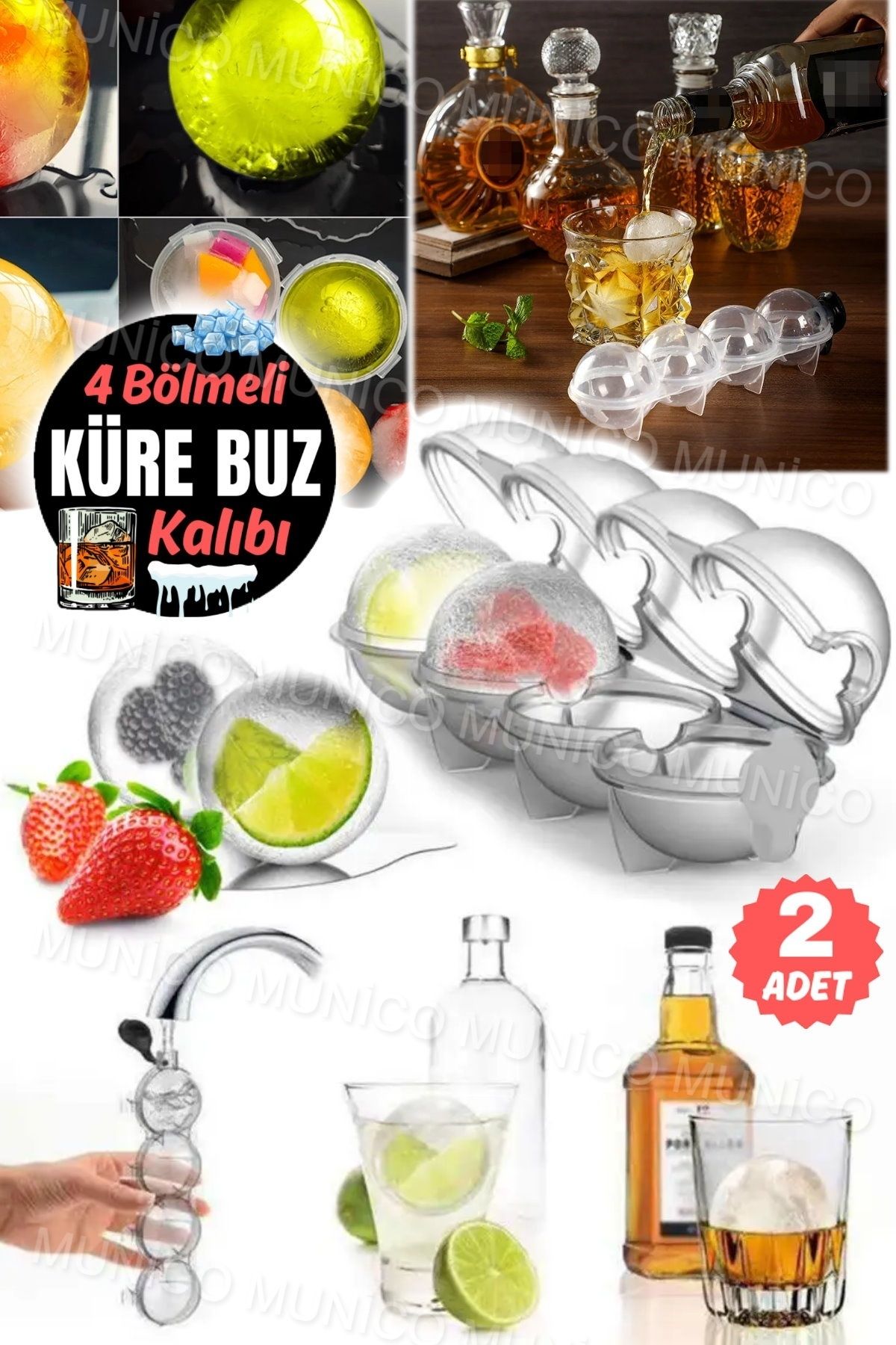 2 Adet Viski Büyük Boy Top 4'lü Küre Buz Topu Kalıbı Yuvarlak İçecek Buz Dondurucu Buz Kabı Küre