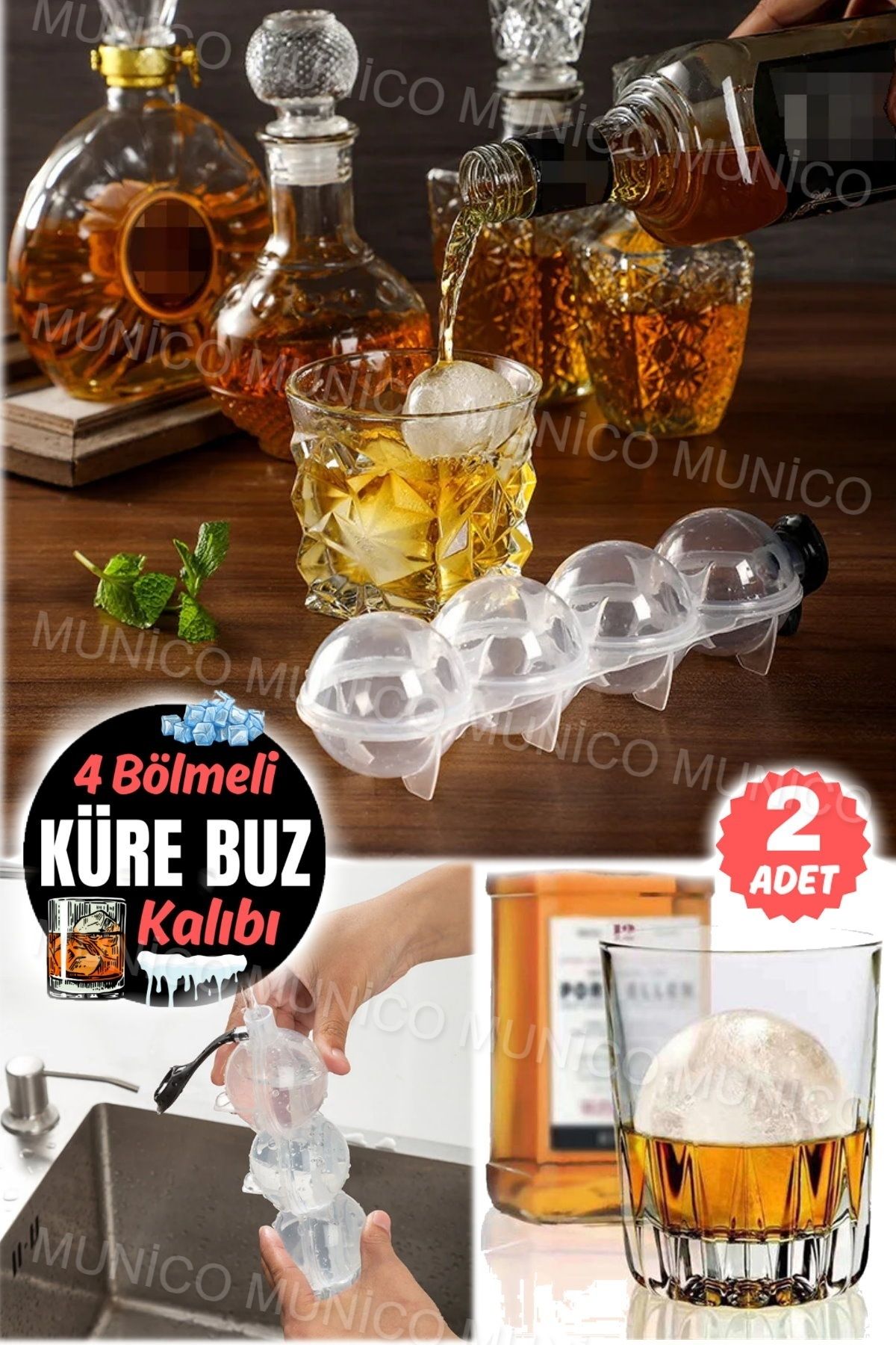 2 Adet Viski Büyük Boy Top 4'lü Küre Buz Topu Kalıbı Yuvarlak İçecek Buz Dondurucu Buz Kabı Küre