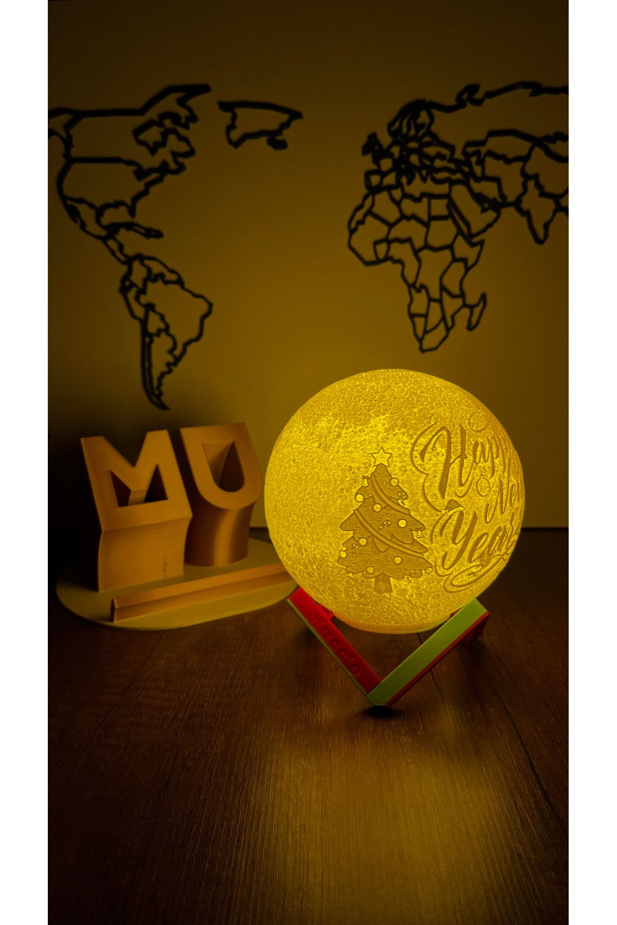 Yılbaşı Yeni Yıl Hediyesi Happy New Year Dekoratif Ay Gece Lambası Moon Lamp Pilli(13cm)