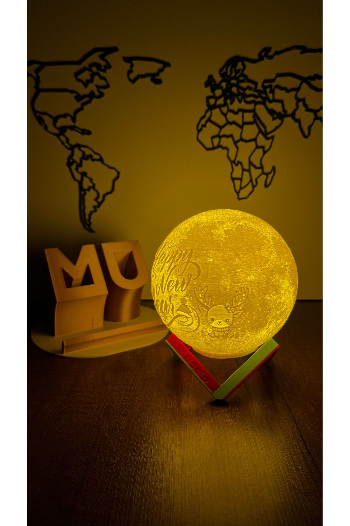 Yılbaşı Yeni Yıl Hediyesi Happy New Year Dekoratif Ay Gece Lambası Moon Lamp Pilli(13cm)