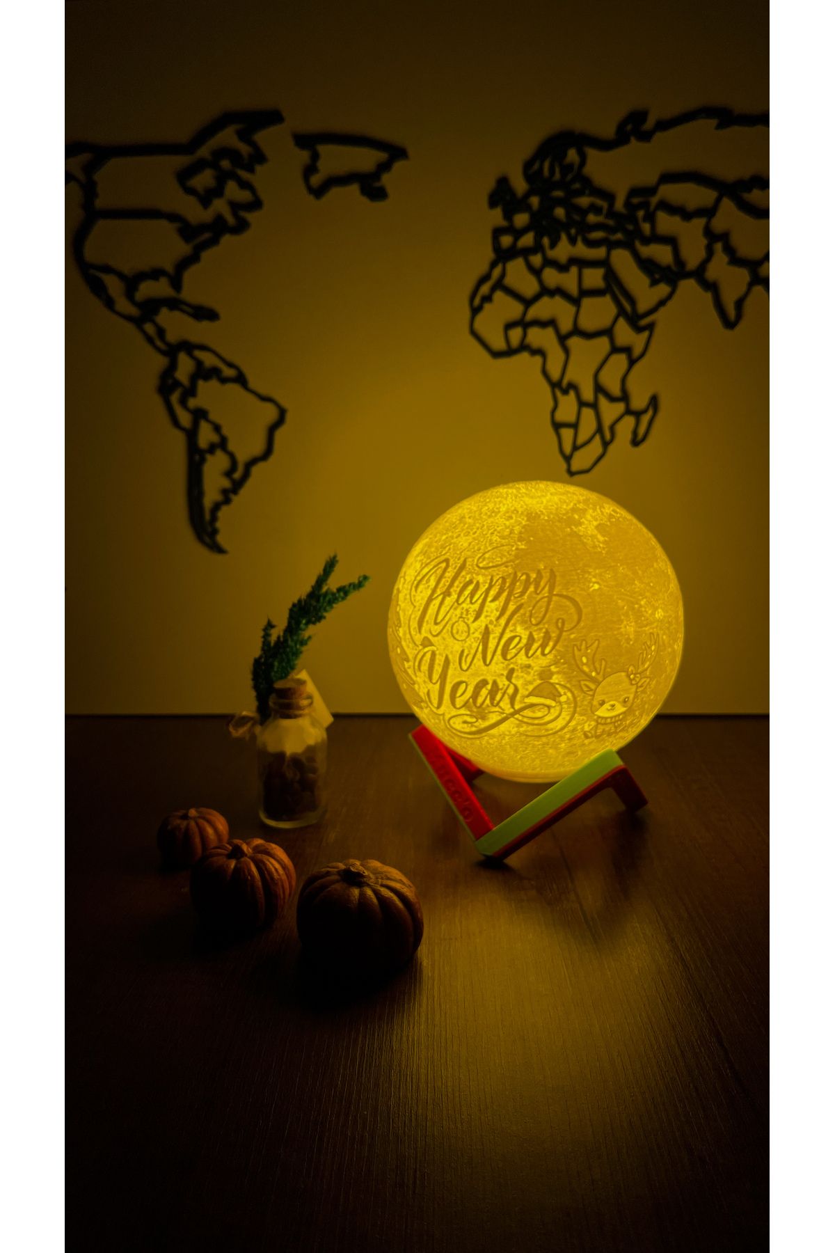 Yılbaşı Yeni Yıl Hediyesi Happy New Year Dekoratif Ay Gece Lambası Moon Lamp Pilli(13cm)