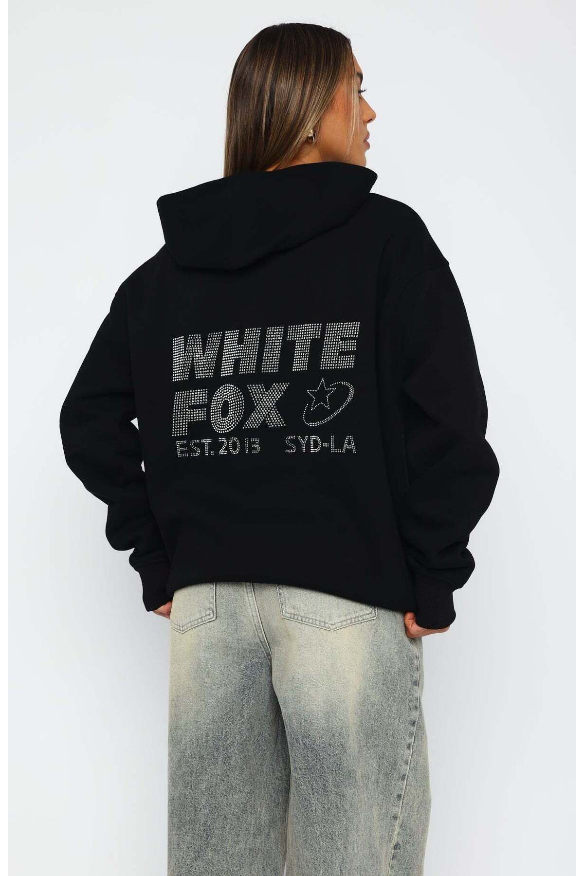 Parlak Taş Baskılı W. FOX Overzie Sweatshirt Siyah