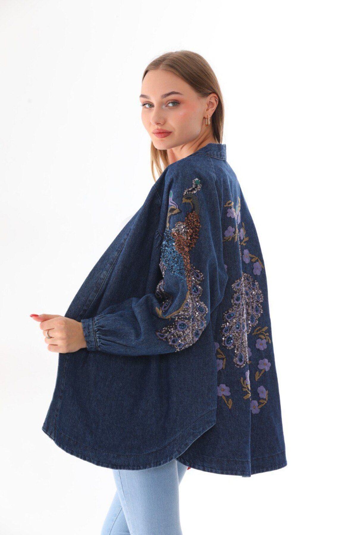 Koyu mavi denim kimono ceket