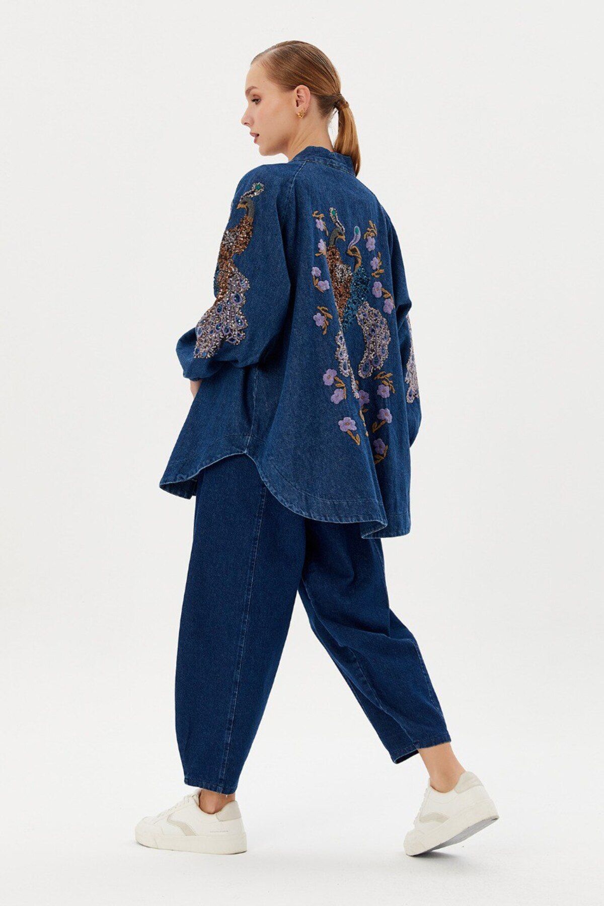 Koyu mavi denim kimono ceket