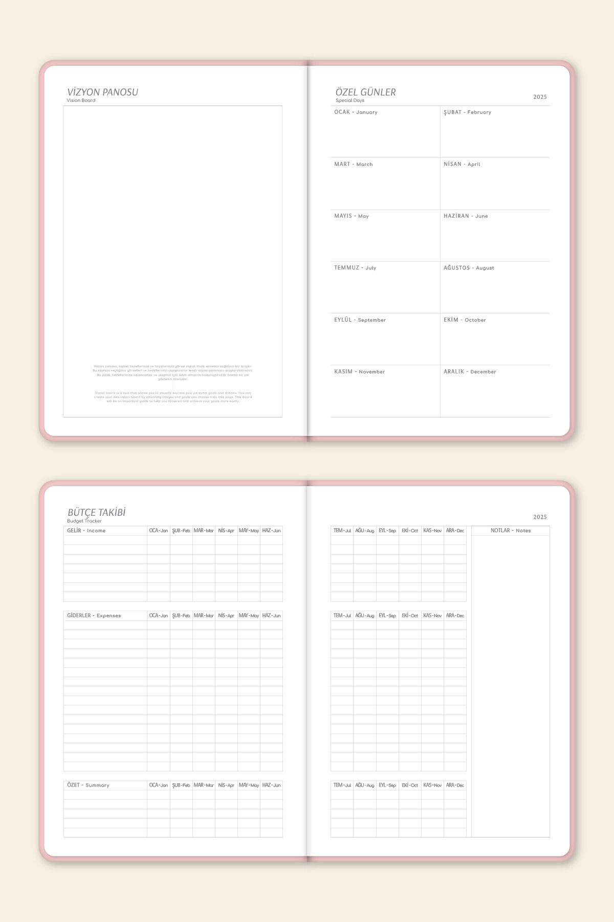 2025 A5 Haftalık Ajanda – Kir ve Suya Dayanıklı Sert Kapak - Pembe