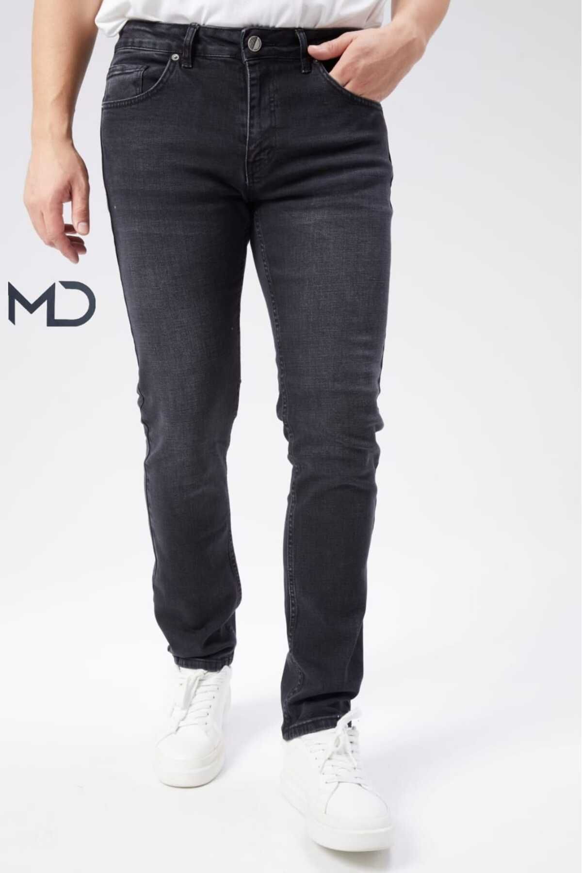 MD  DENIM erkek regular kalıp siyah  taşlamalı esnek kumaş likralı kot pantolon(RO-4296)