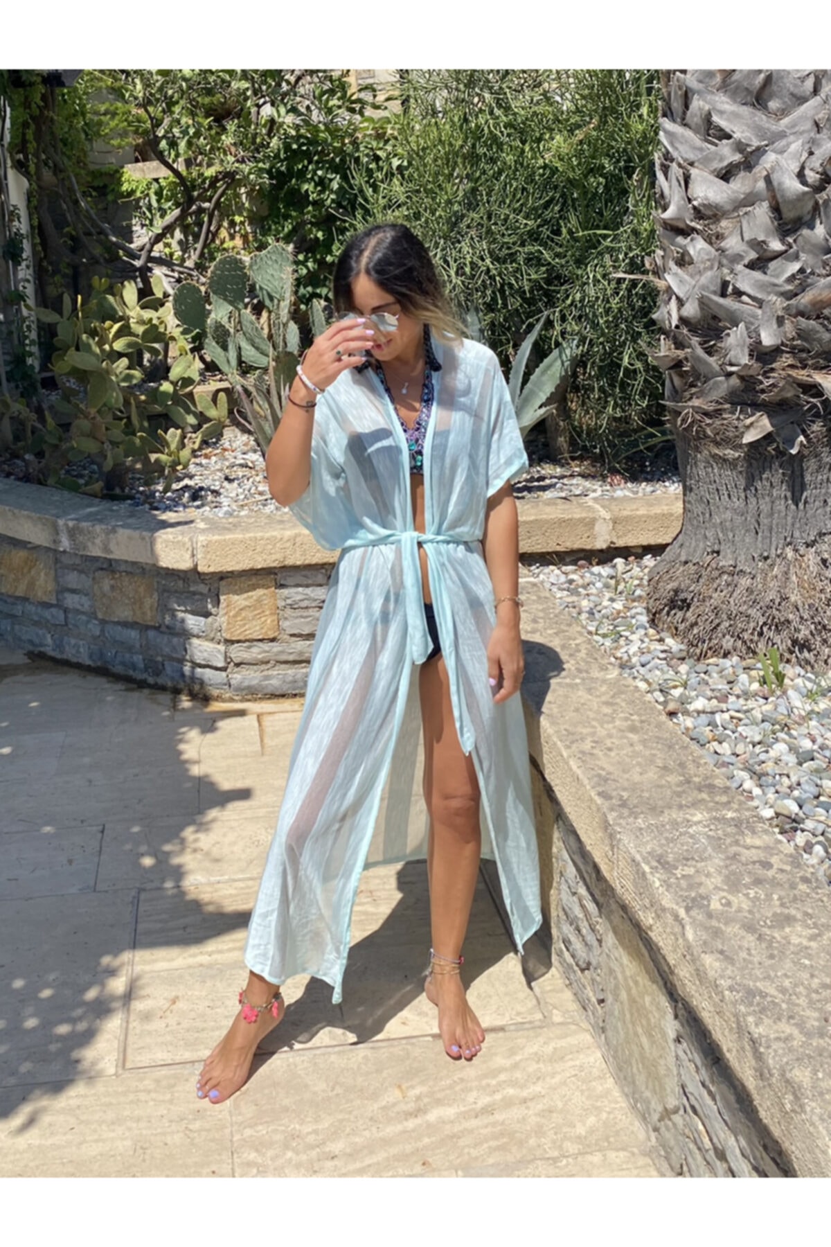 BEACHTALK Kadın Yeşil  Flamlı Penye Kumaştan Çizgili Uzun Kimono