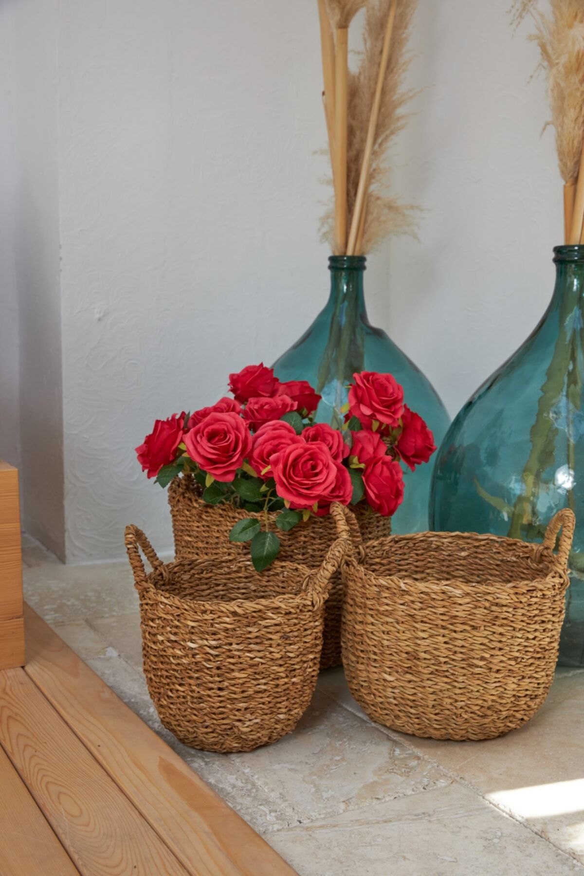 CasaLinda Home Naturel Yuvarlak Kulplu Saksılık (Hasır - 3'lü Set Olarak)