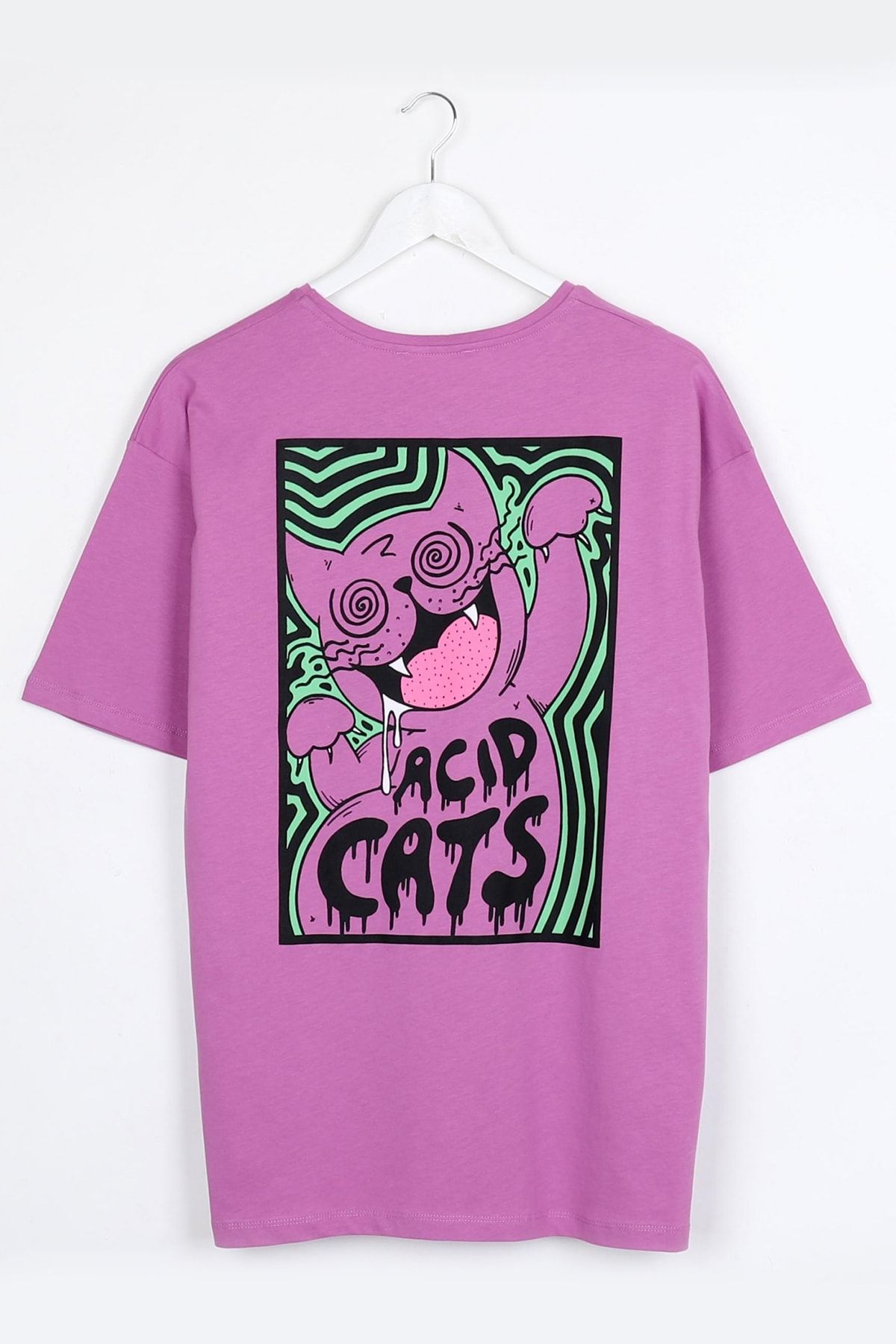 Sekizbiraltı Acid Cat Sırt Baskılı Lila Oversize Unisex Tshirt