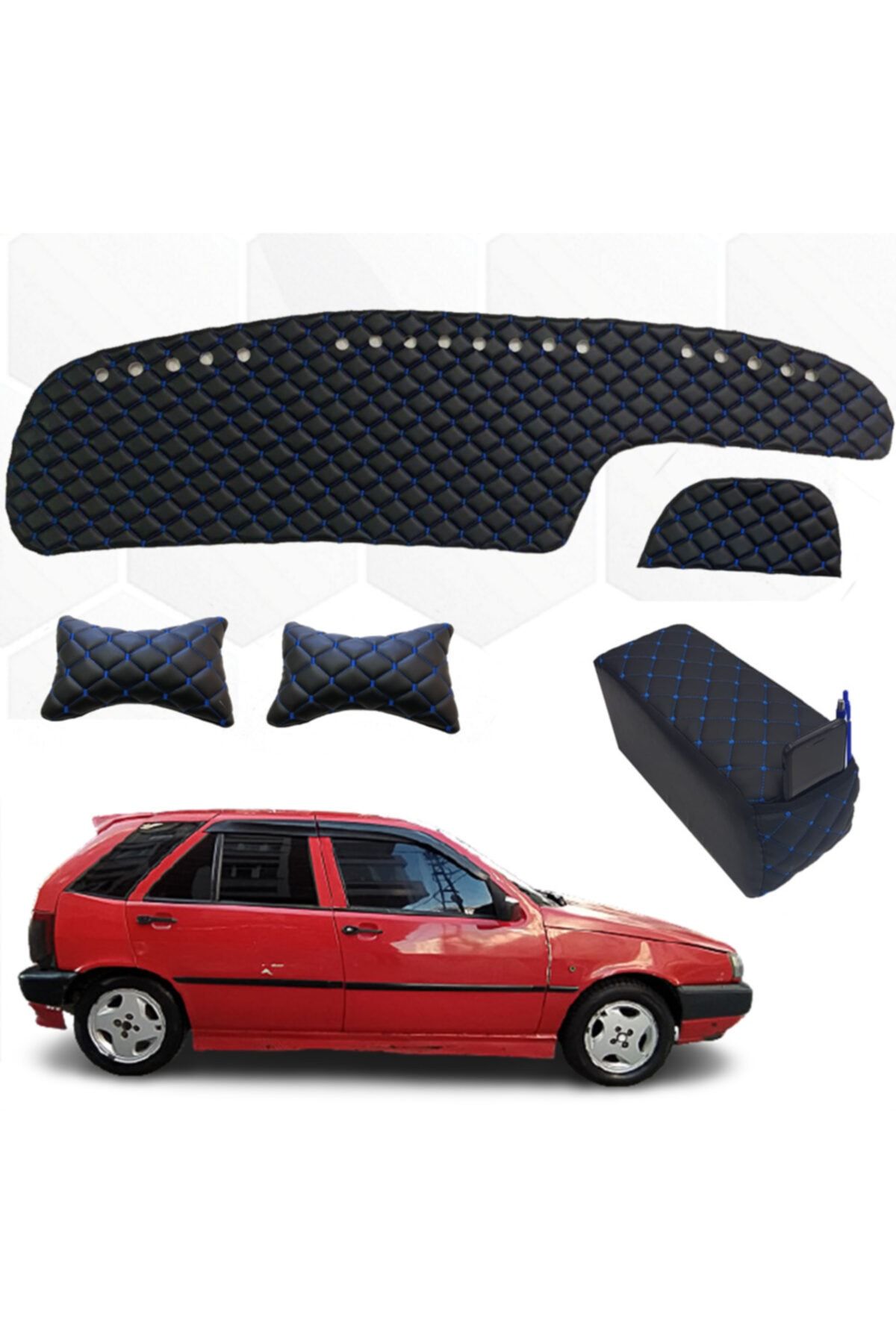 Point Fiat Tipo Uyumlu Kolçak + Boyunluk + Göğüs Halısı Siyah-mavi